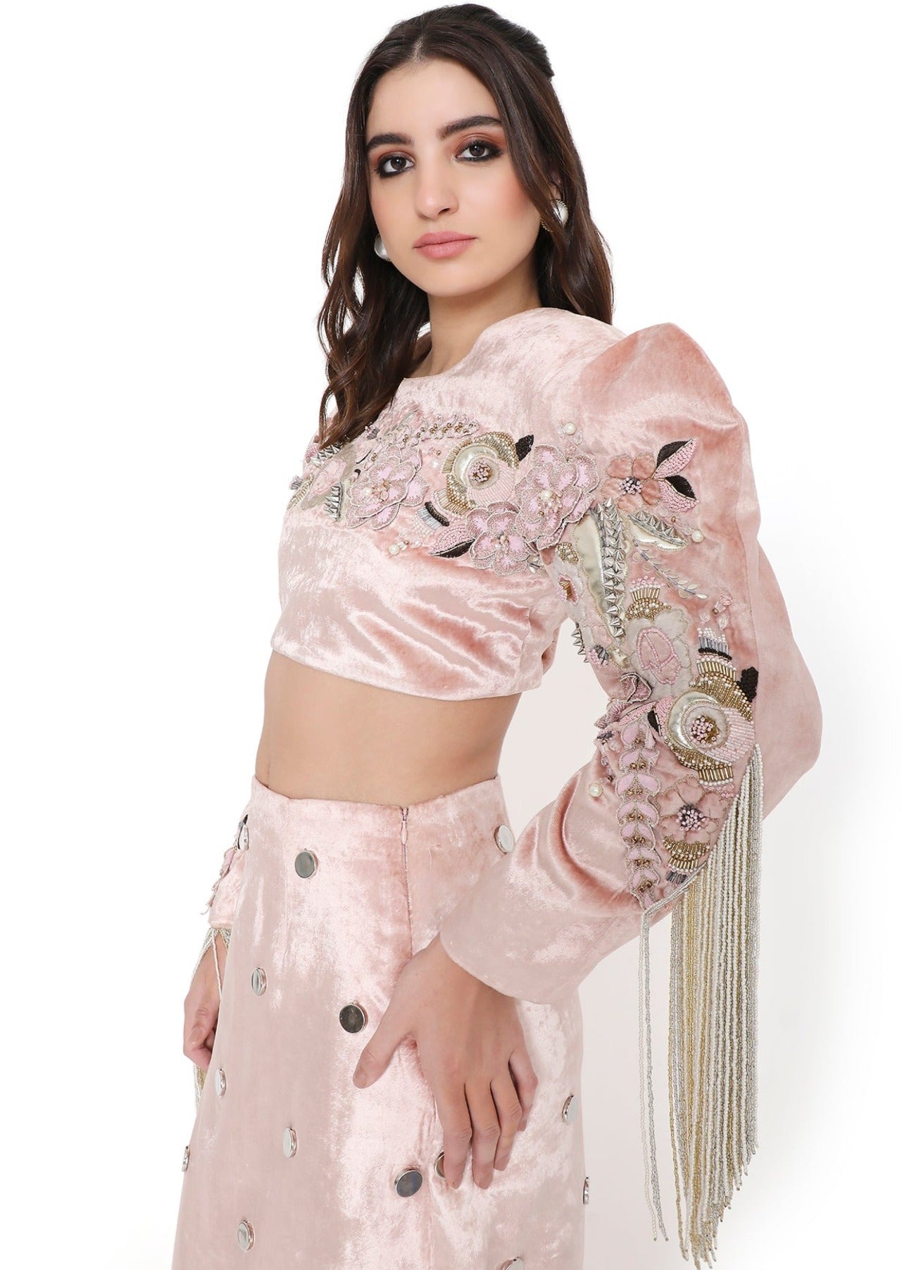 Rose Pink Velvet Embroidered Boxy Skirt Set