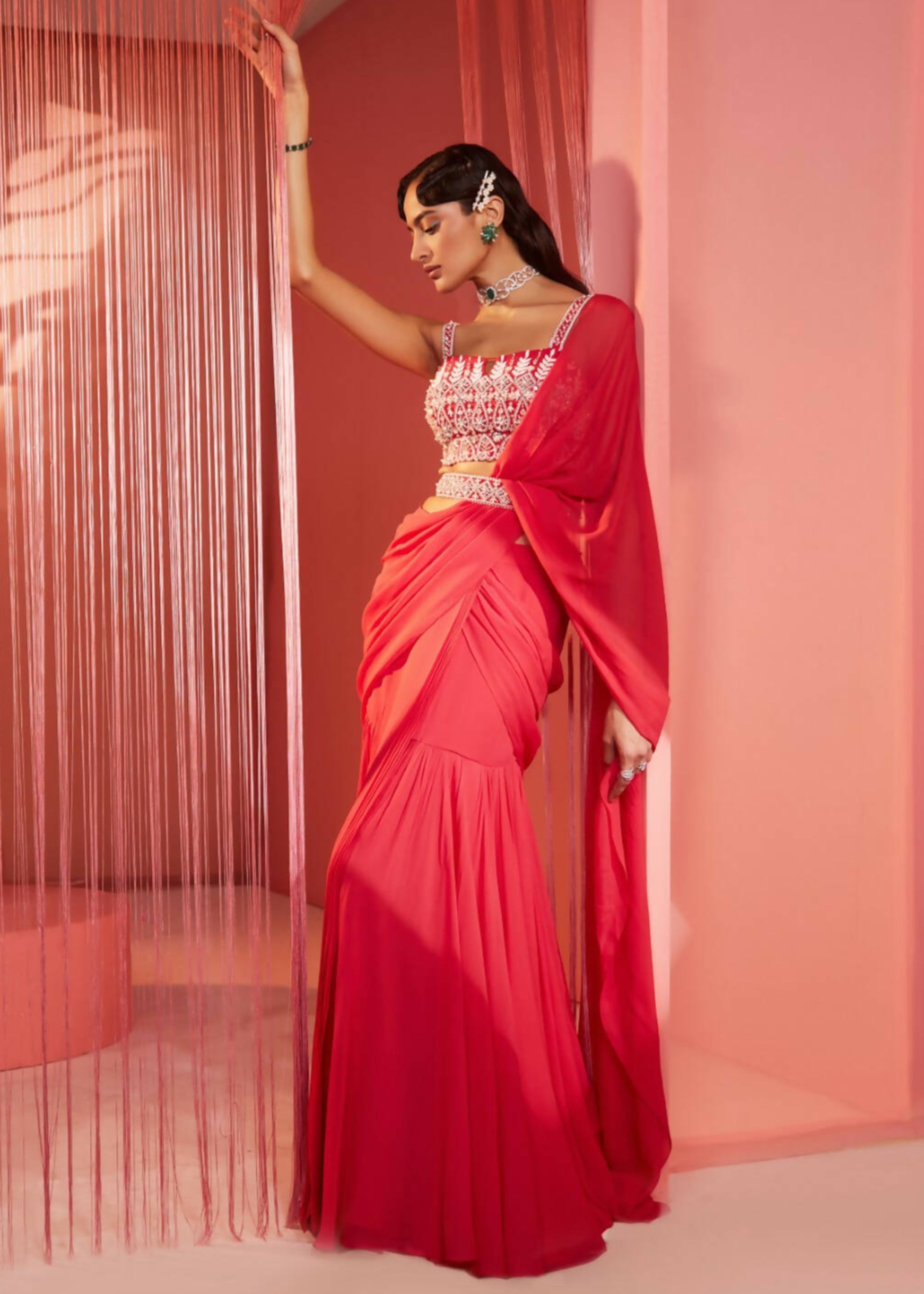 Coral Red Pre-Draped Sari