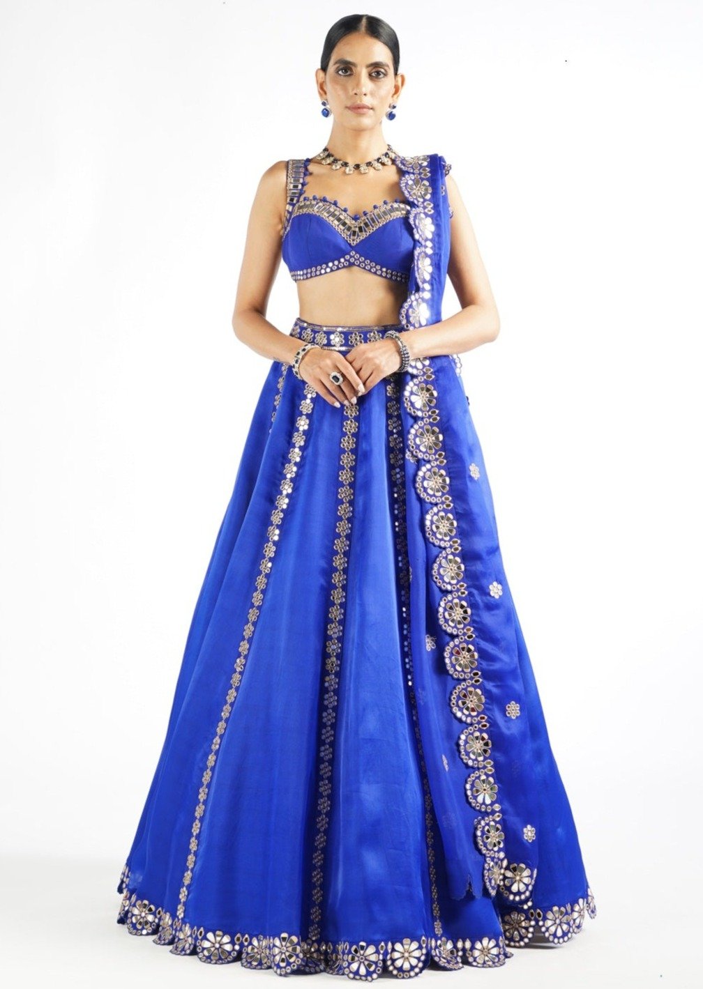 Royal Blue Flower Linear Lehenga Set