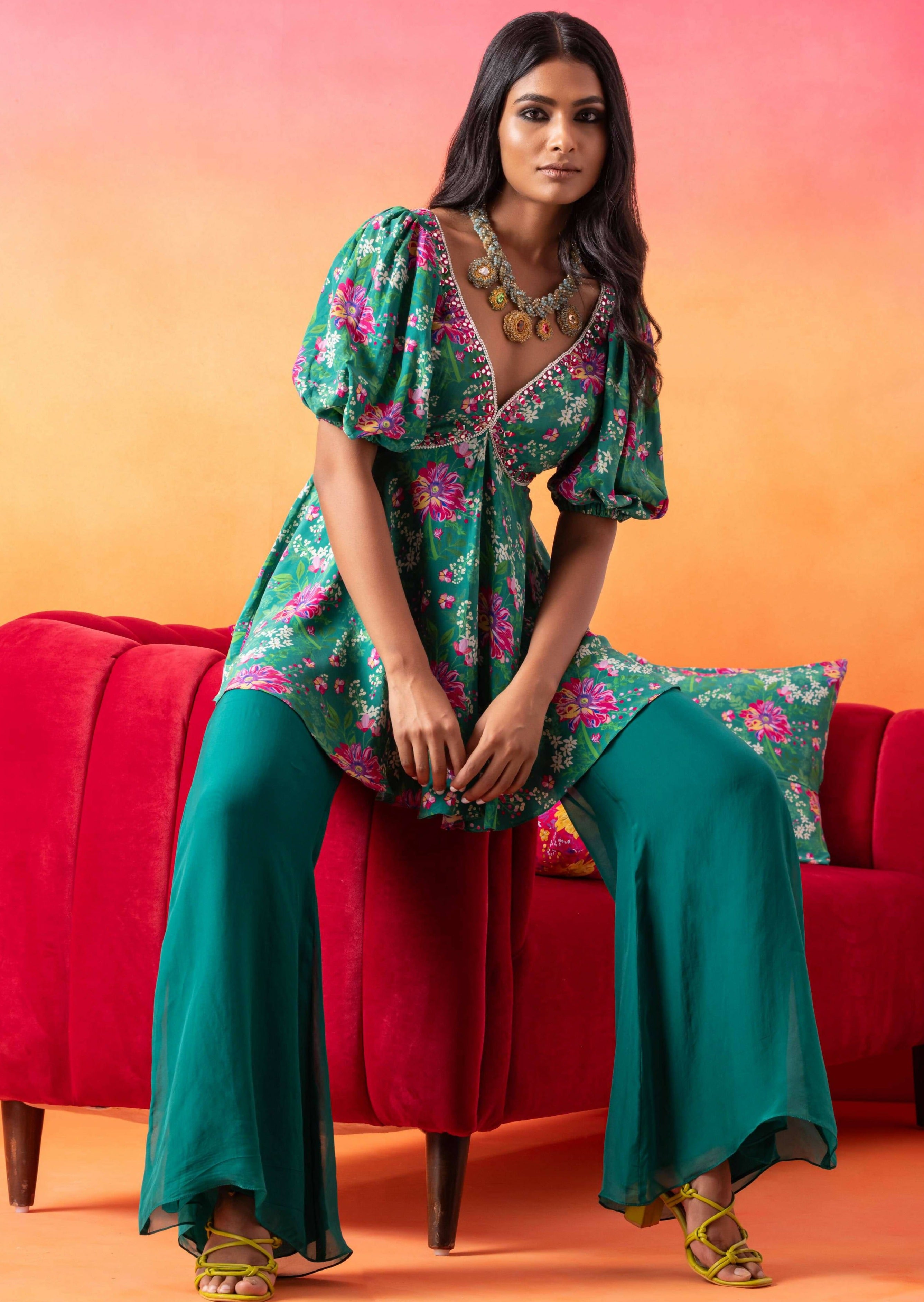 Emerald Green Floral Printed Flared Pants Set