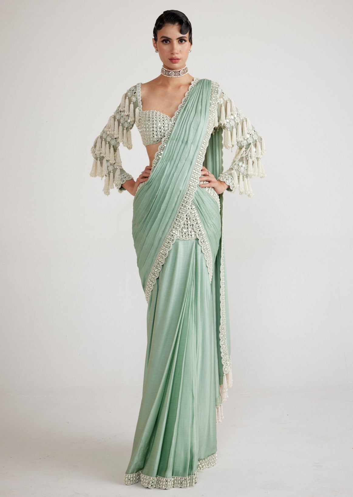 Powder Mint Chandelier Drop Sari Set