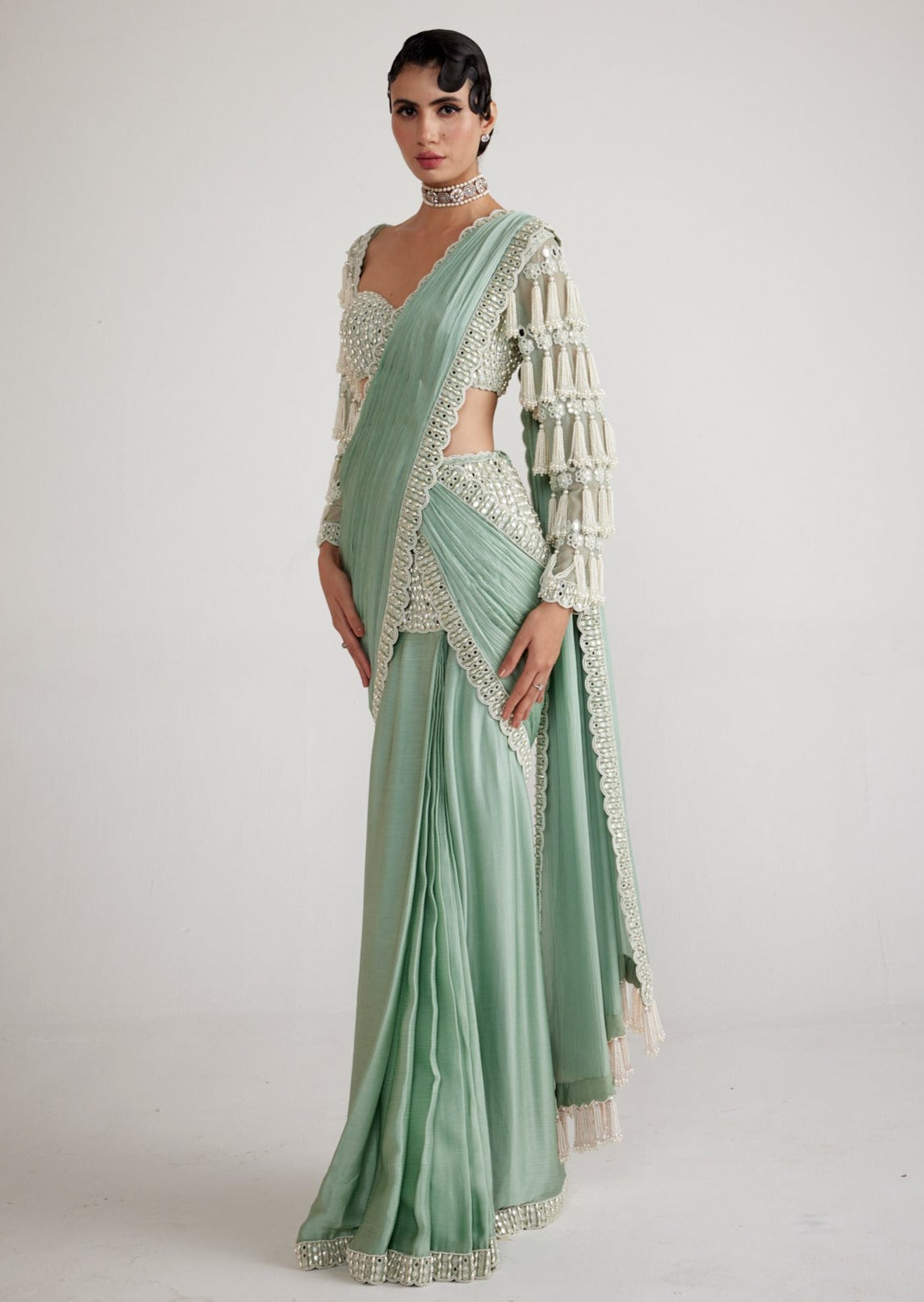 Powder Mint Chandelier Drop Sari Set