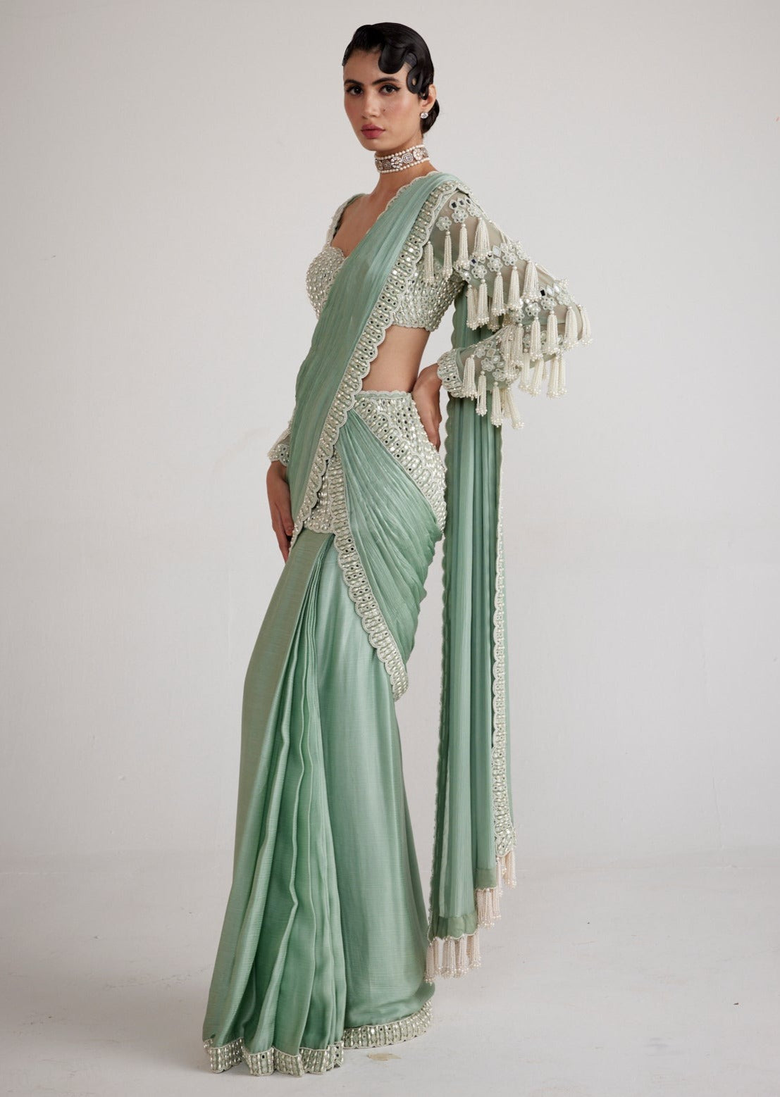 Powder Mint Chandelier Drop Sari Set