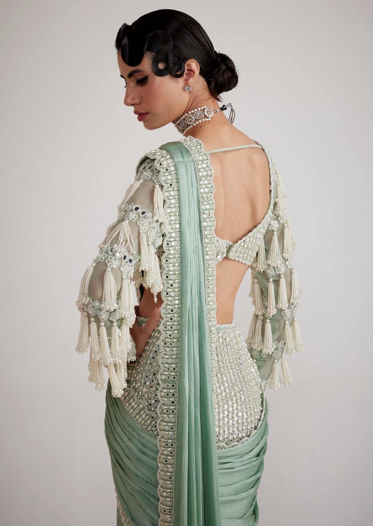 Powder Mint Chandelier Drop Sari Set