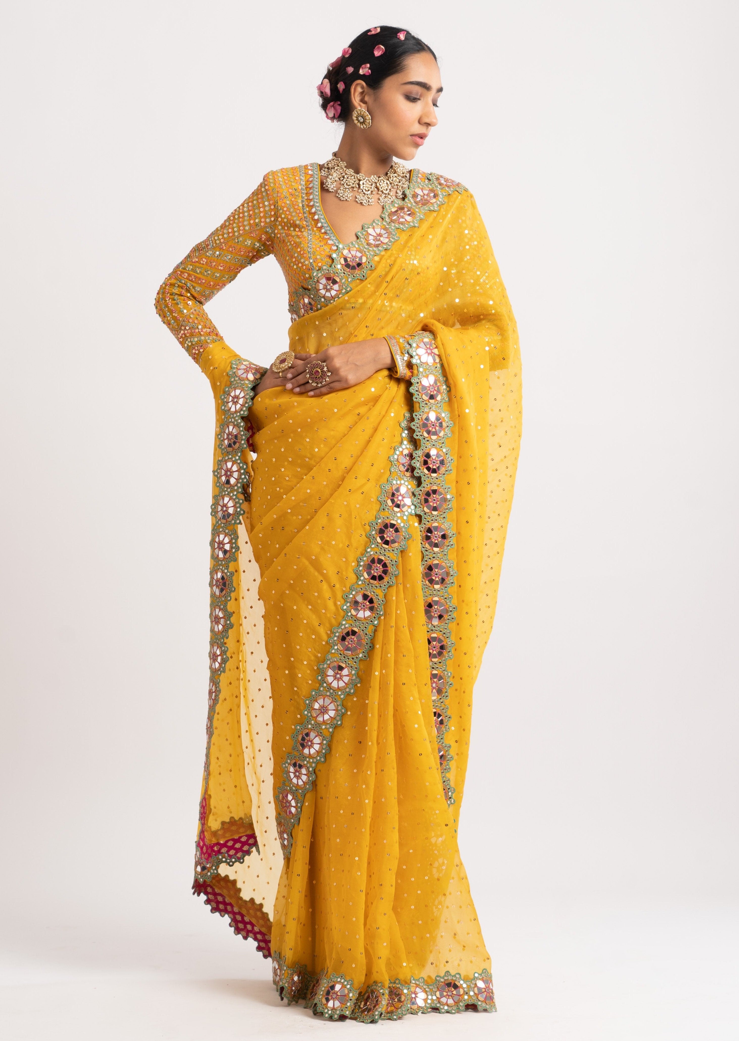 Yellow Hand Cut Mirror Border Sari Set