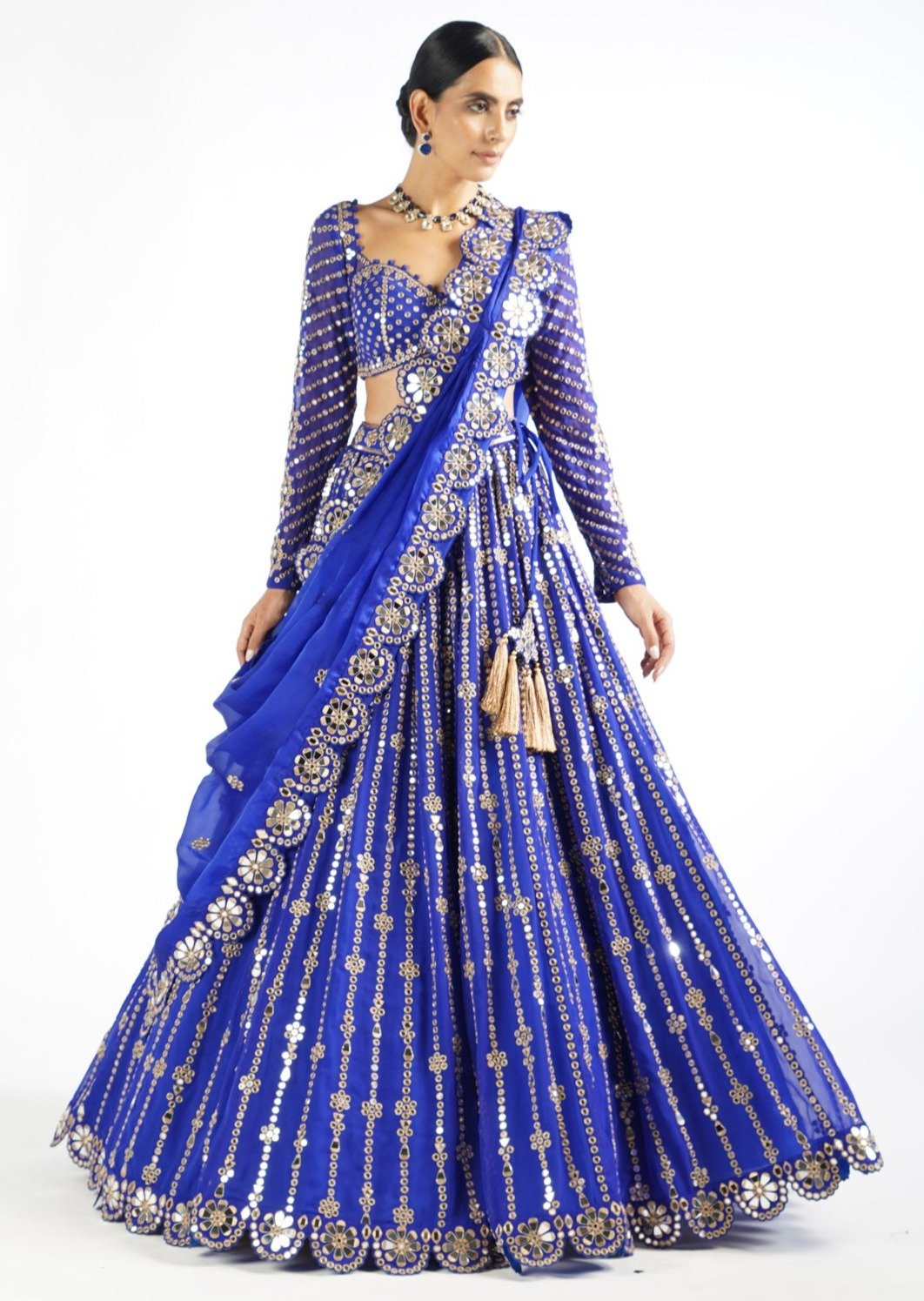 Royal Blue Small Flower Linear Lehenga Set