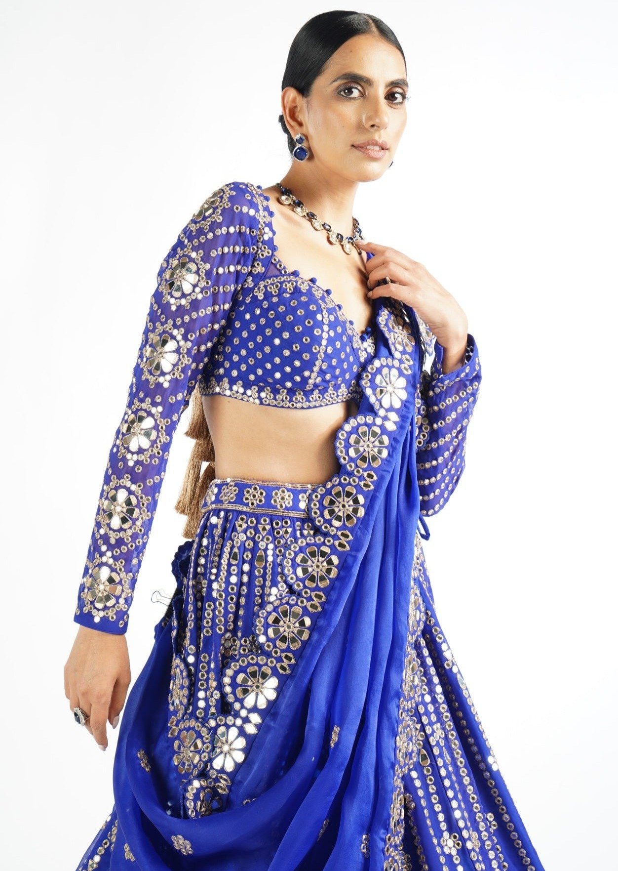 Royal Blue Small Flower Linear Lehenga Set