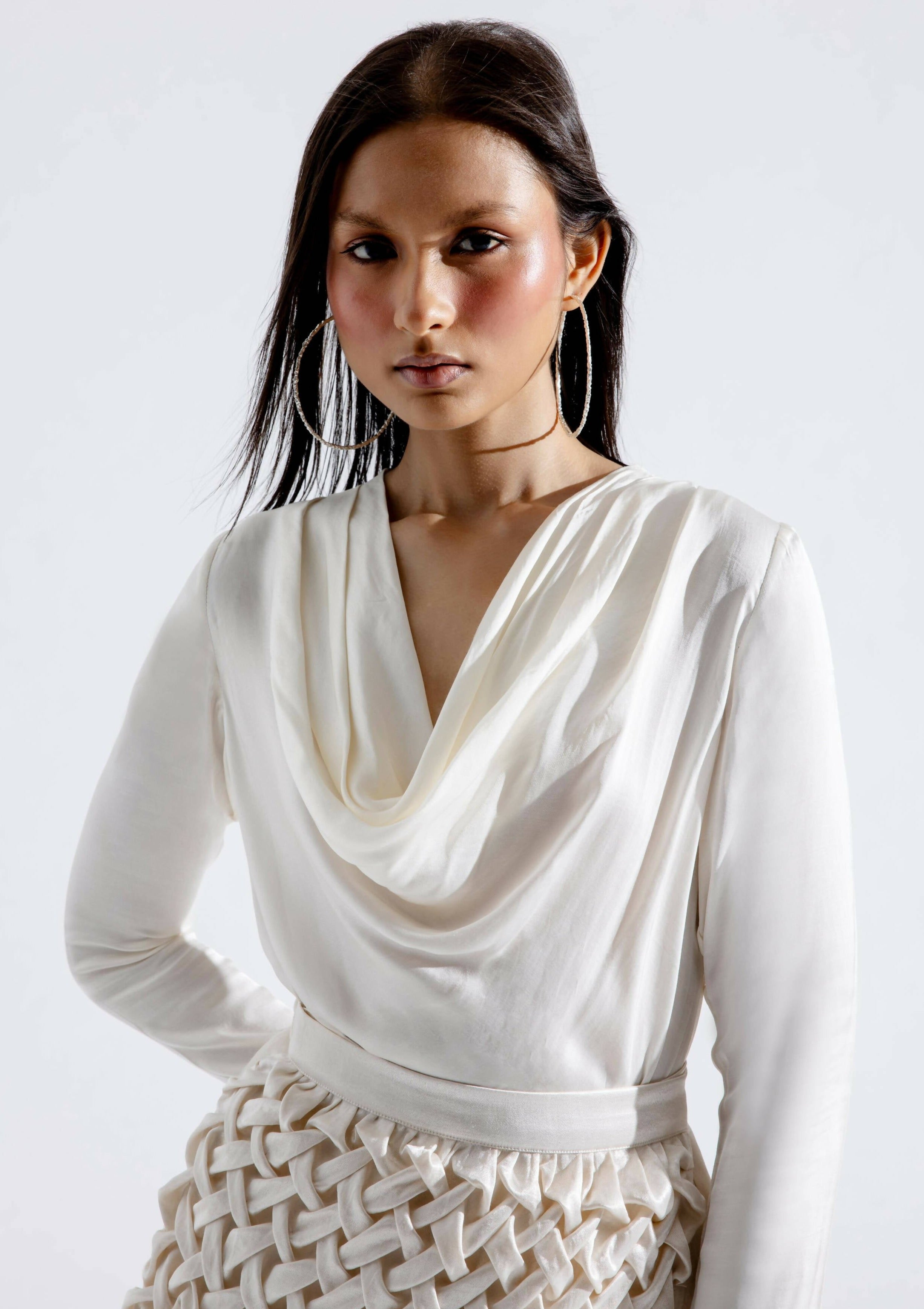 Cream Cowl Neck Full Sleeve Modal Satin Top