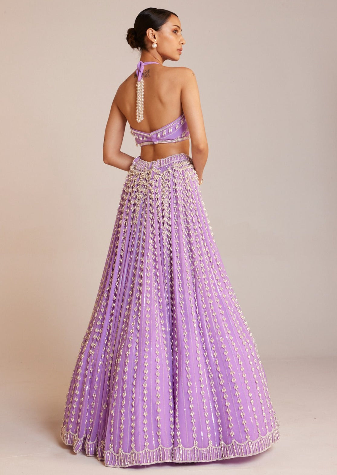 Lilac Chandelier Pearl Halter Neck Crop Top Skirt Set