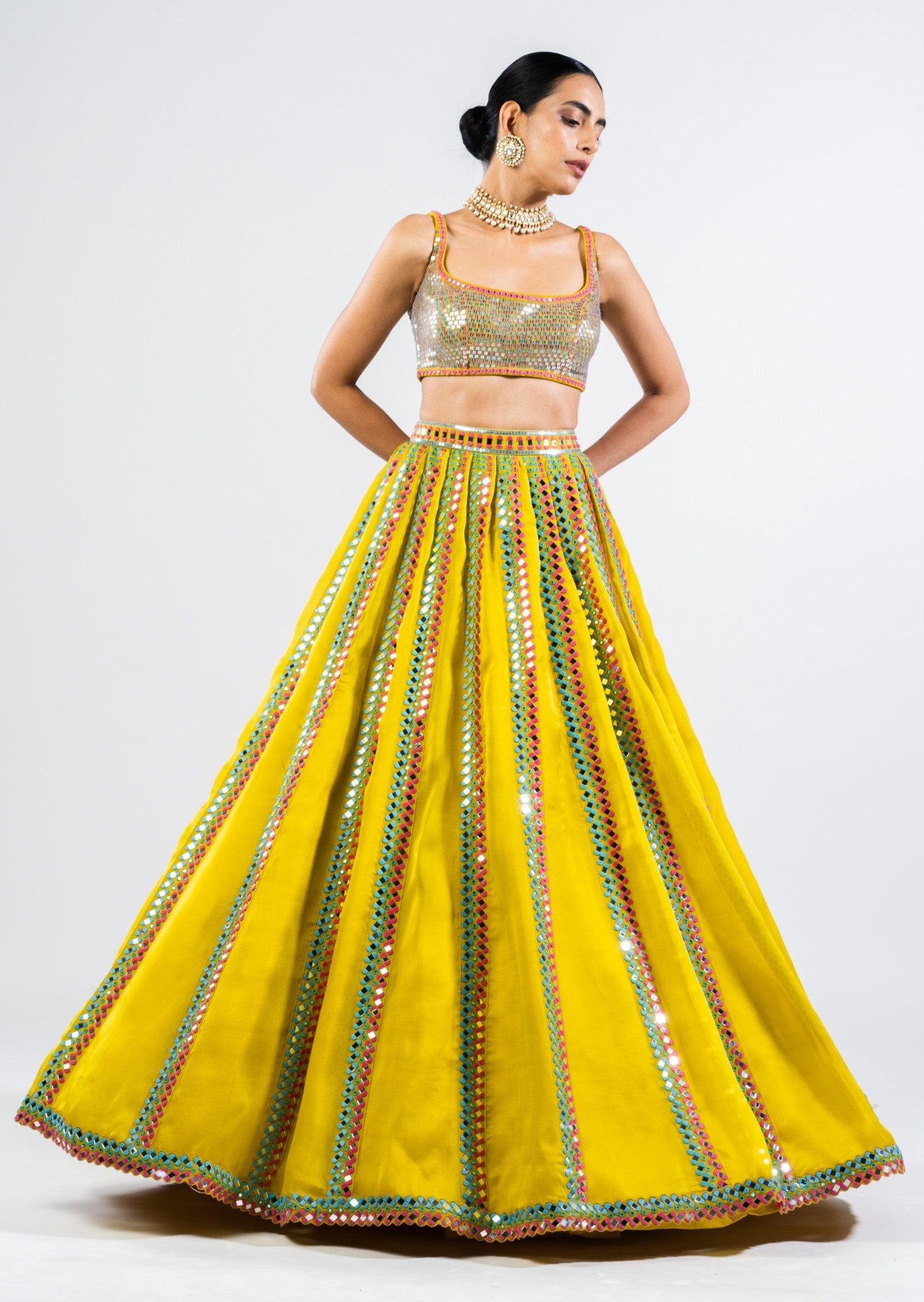 Moss Green Mirror Seam Lehenga Set with Metallic Blouse