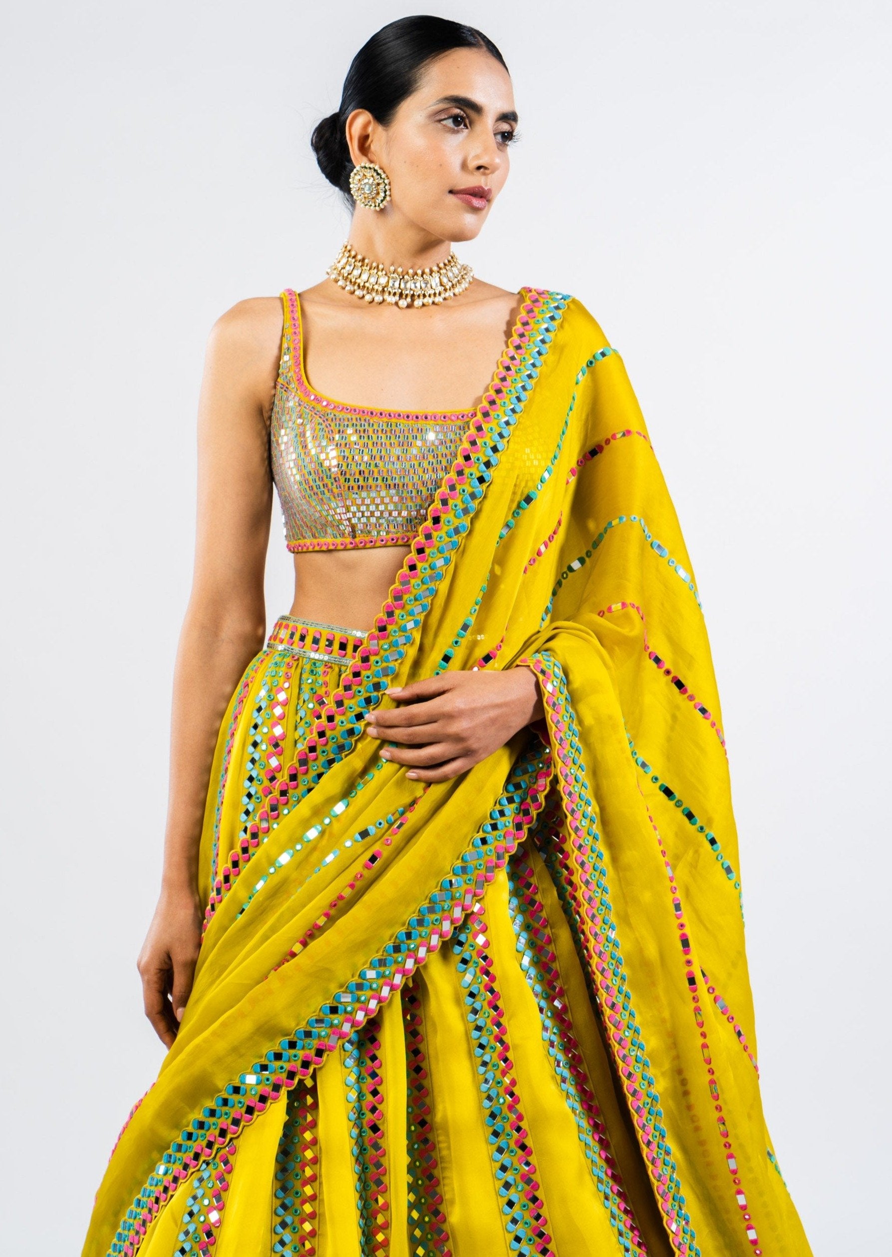 Moss Green Mirror Seam Lehenga Set with Metallic Blouse