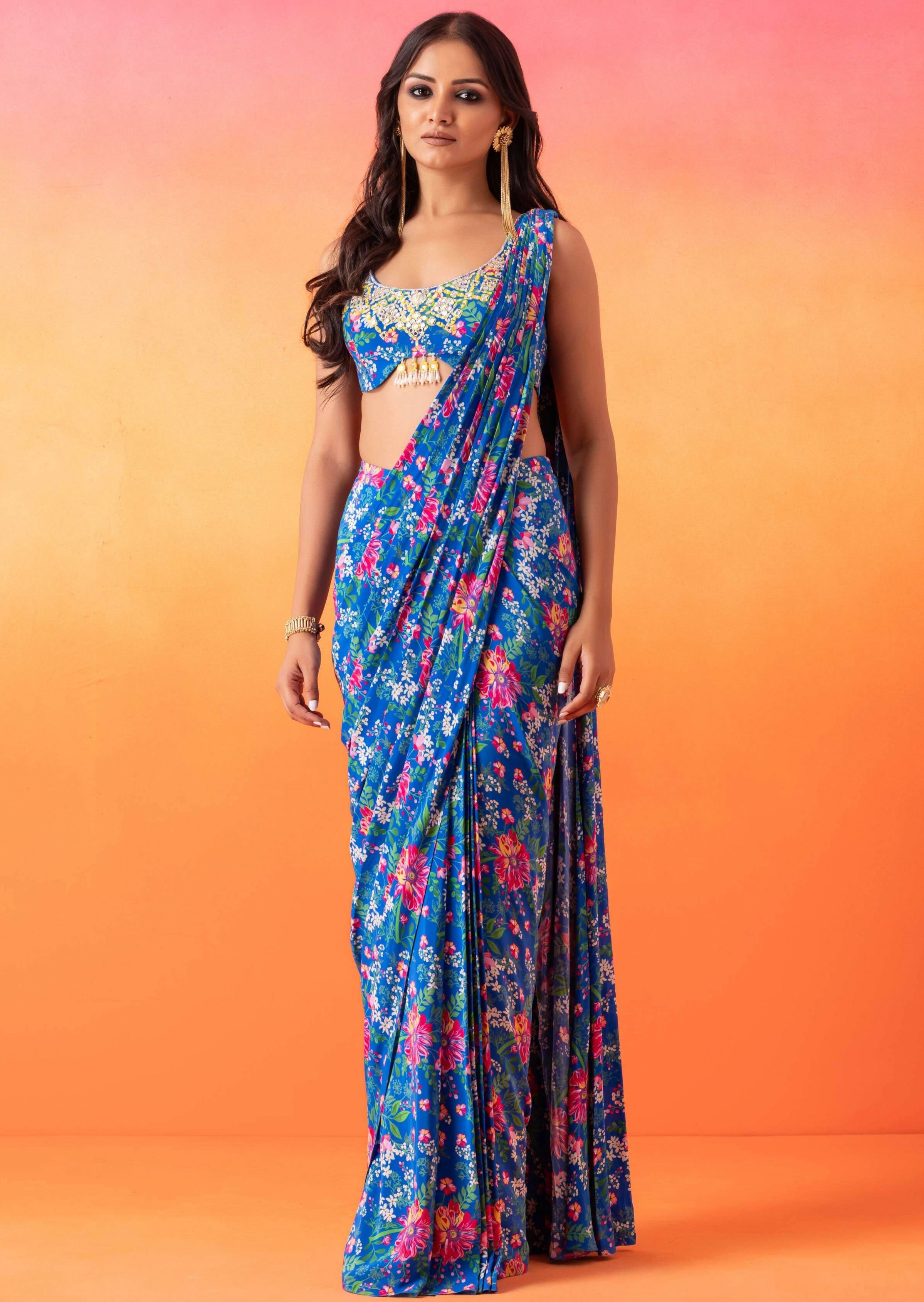 Electric Blue Floral Printed Sari with Blouse