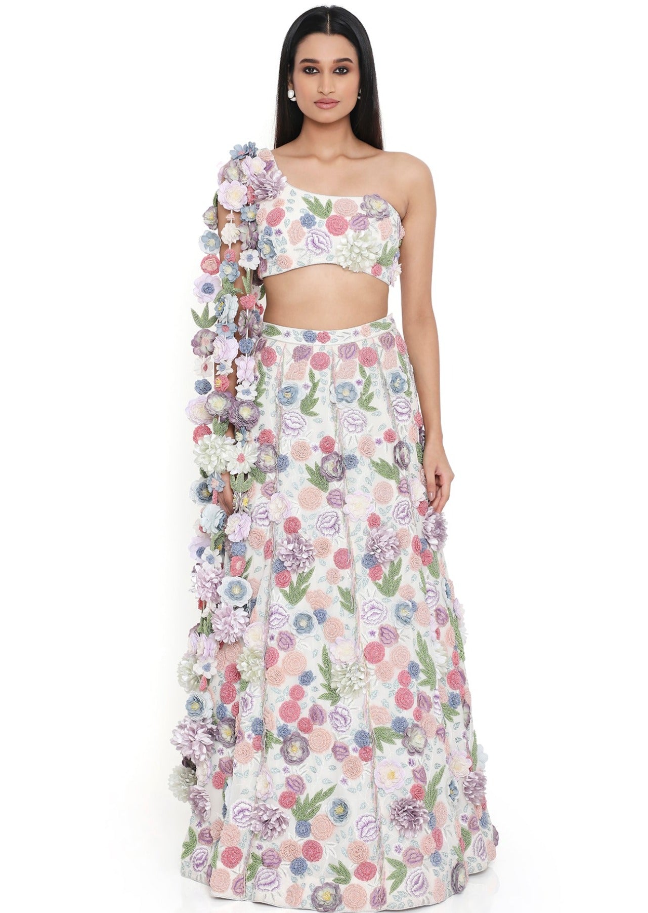 Off-White Floral Top with Flowered Tassels on Shoulder and Lehenga