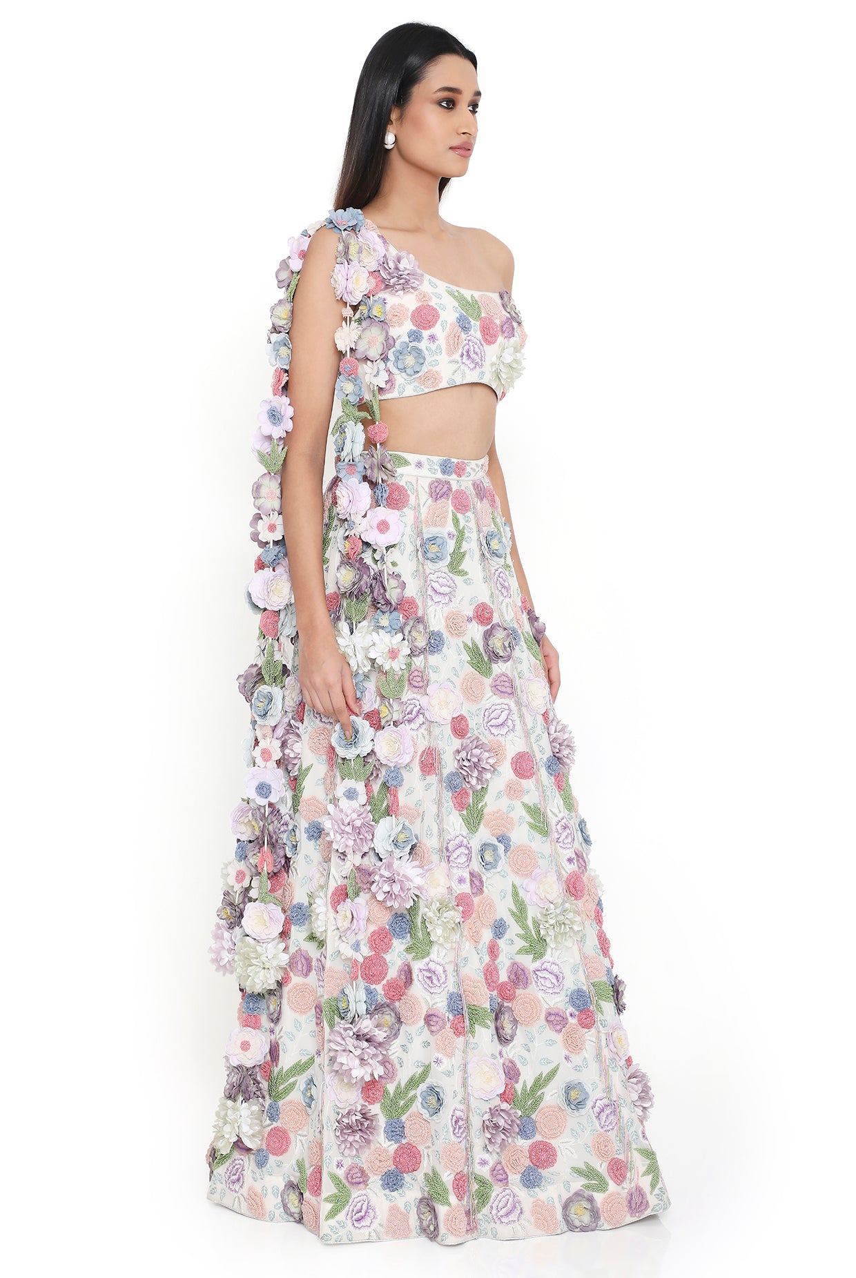 Off-White Floral Top with Flowered Tassels on Shoulder and Lehenga