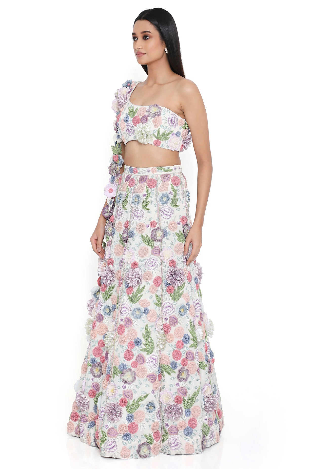 Off-White Floral Top with Flowered Tassels on Shoulder and Lehenga