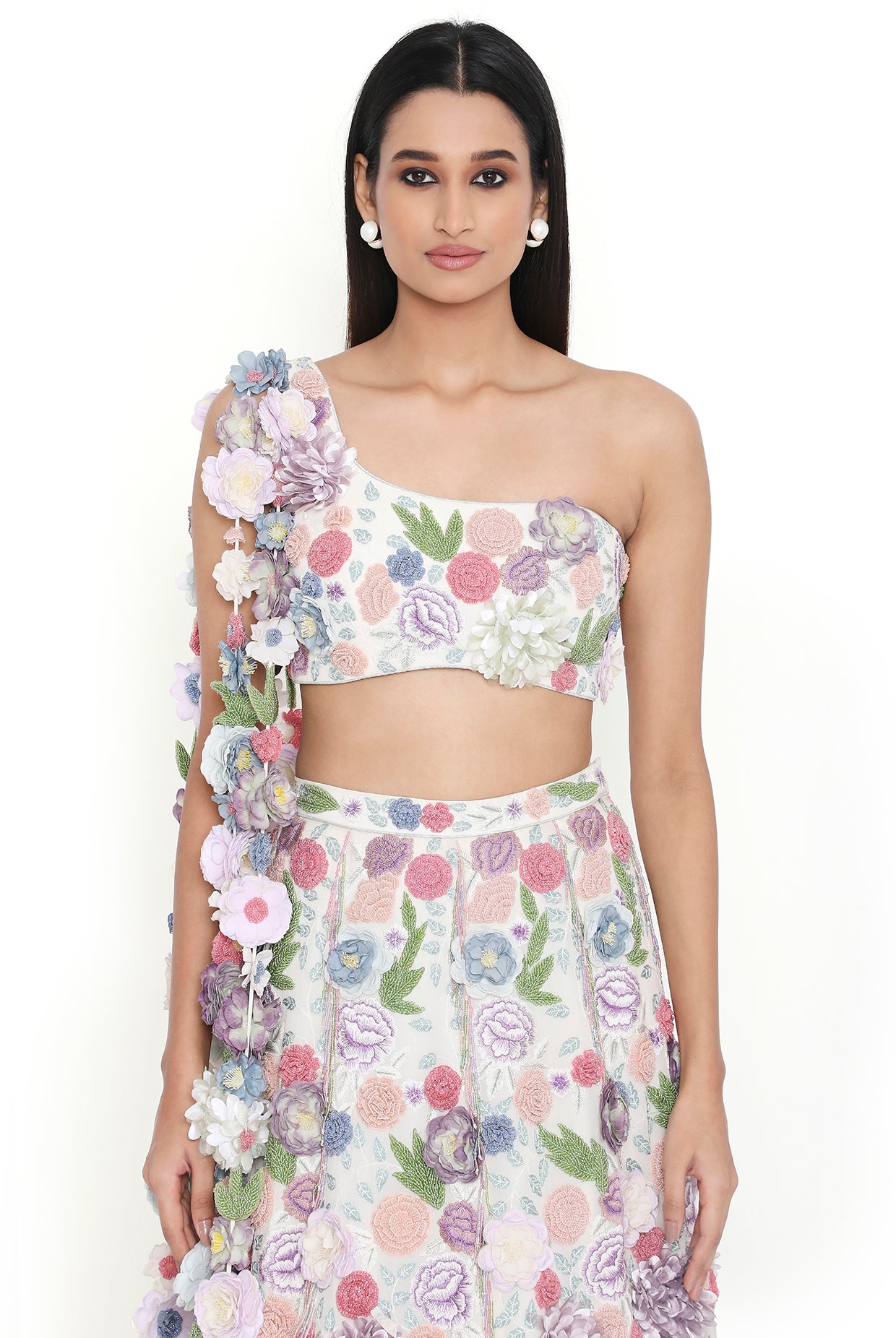 Off-White Floral Top with Flowered Tassels on Shoulder and Lehenga