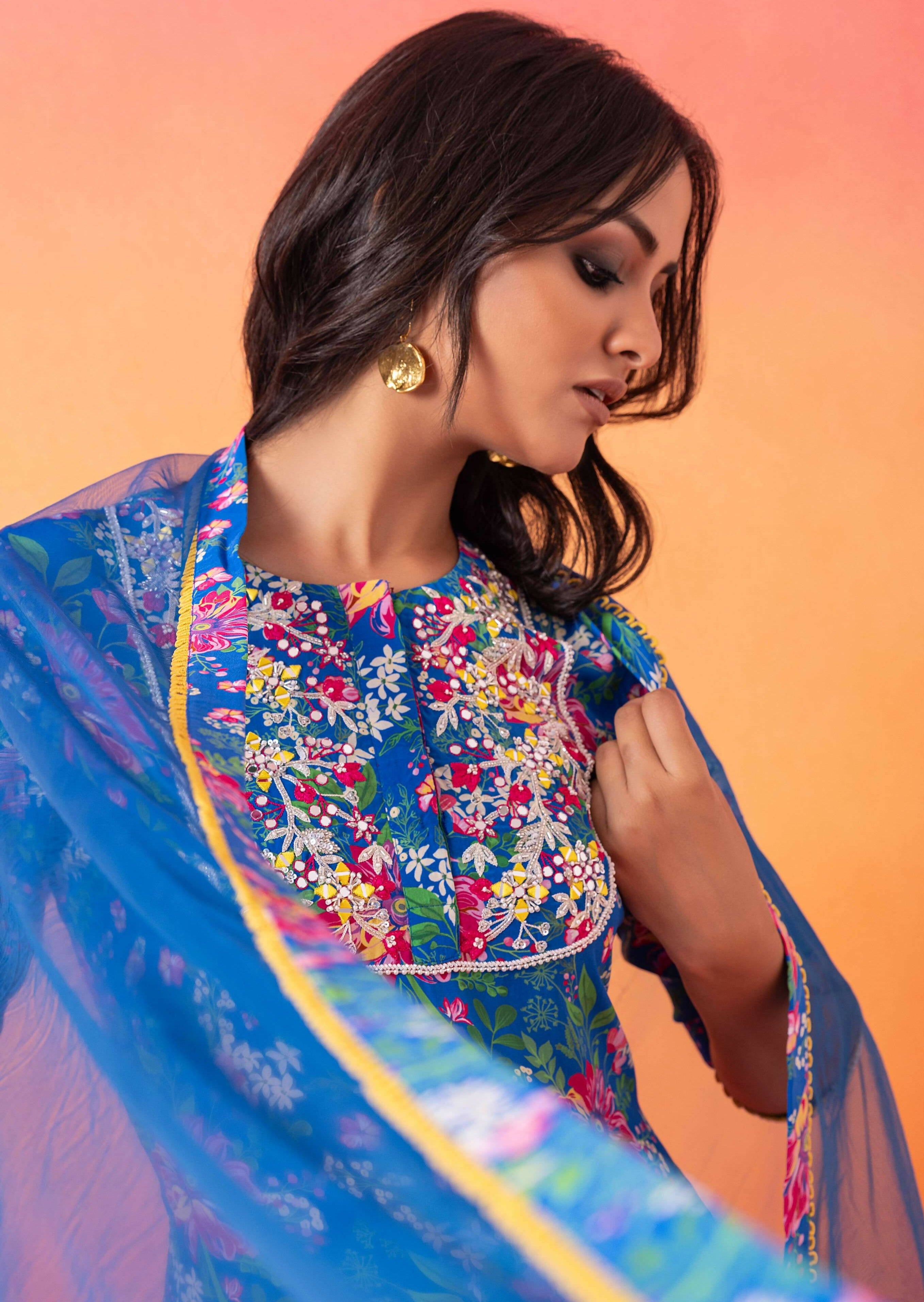 Electric Blue Floral Gharara Set