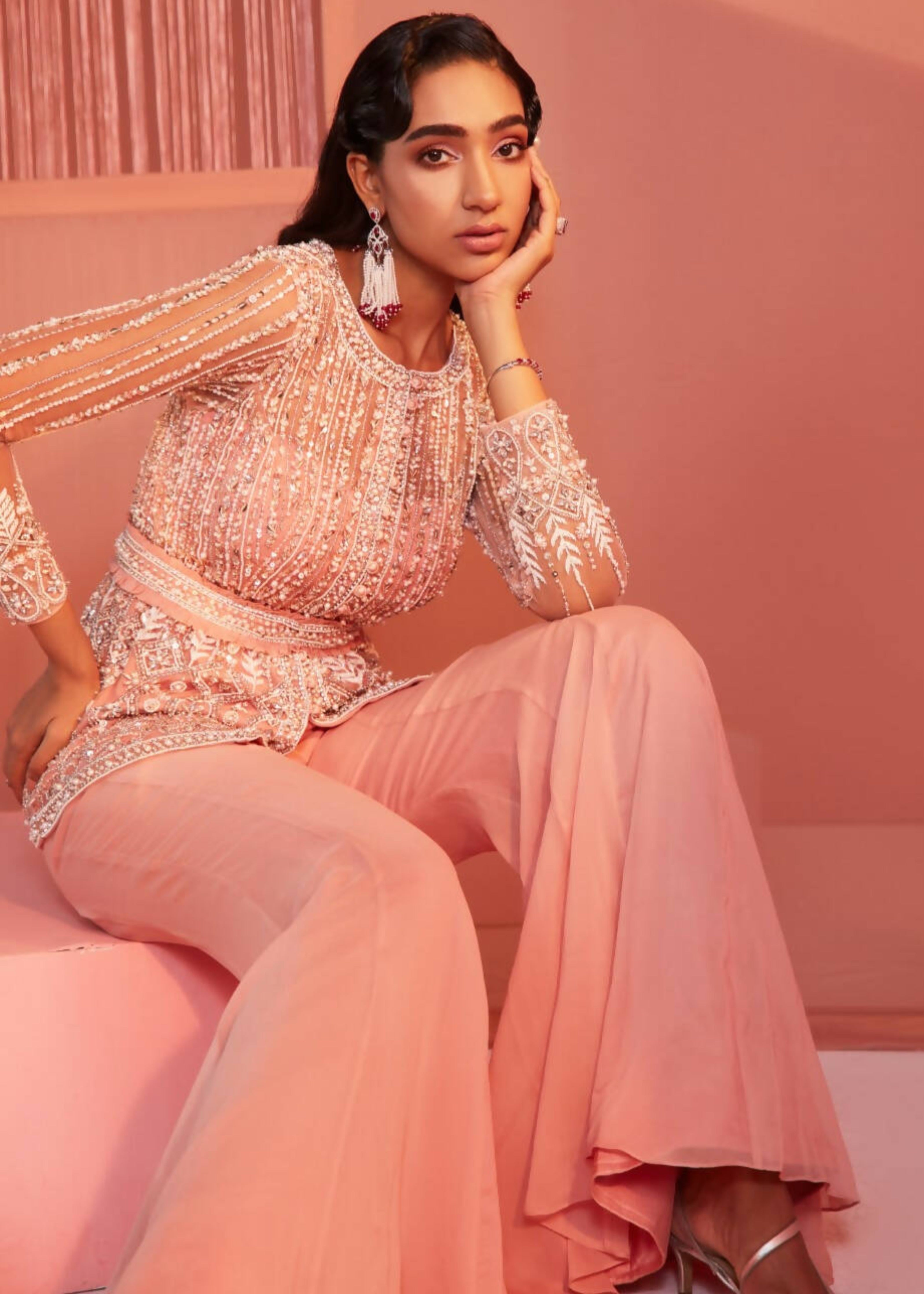 Dusty Pink Embroidered Peplum Top and Bell Bottoms