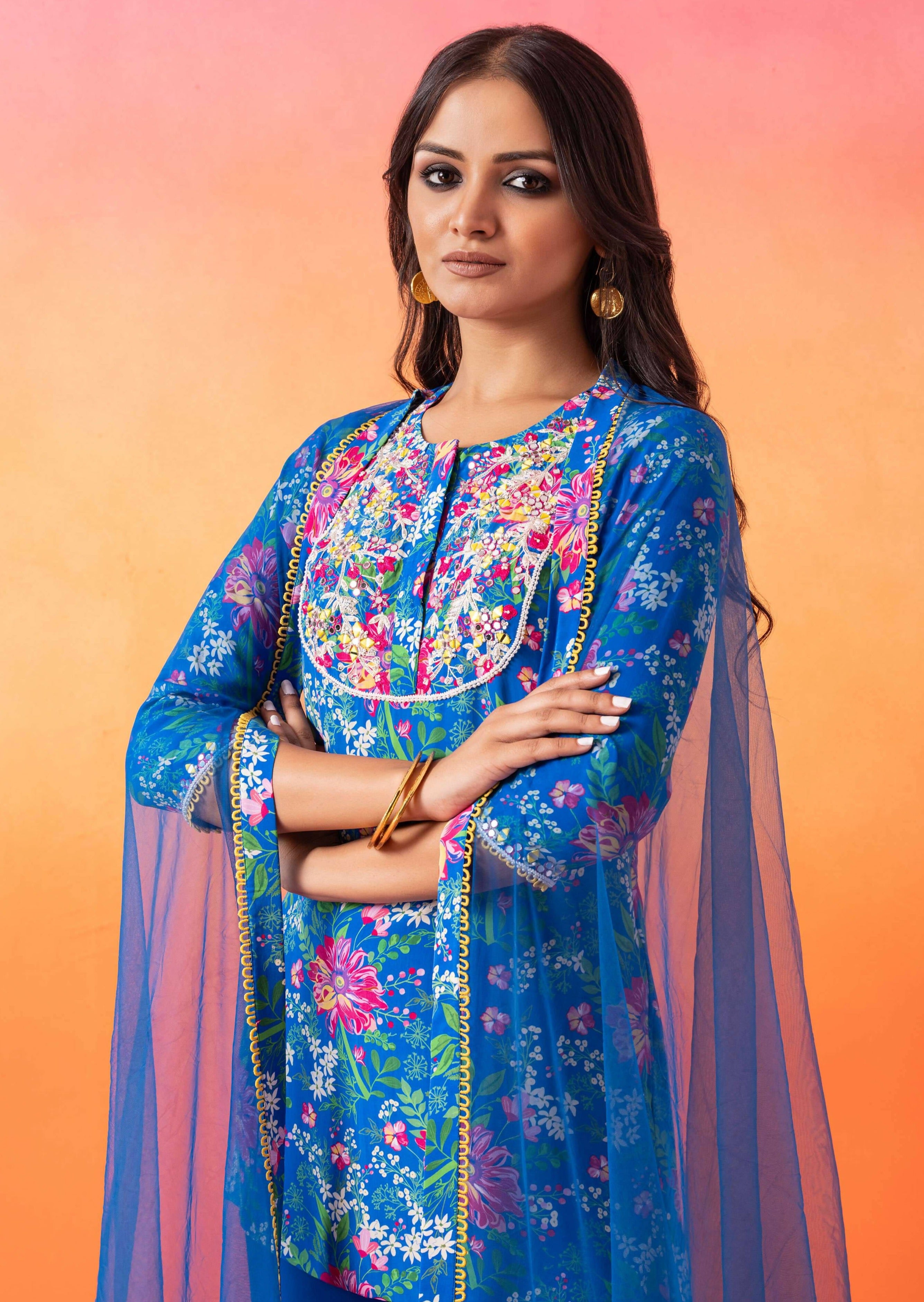 Electric Blue Floral Gharara Set