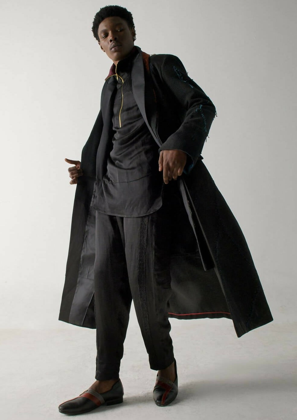 Black Long Overcoat with Loose Weave Sleeves