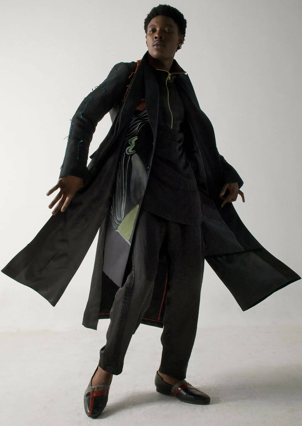 Black Long Overcoat with Loose Weave Sleeves