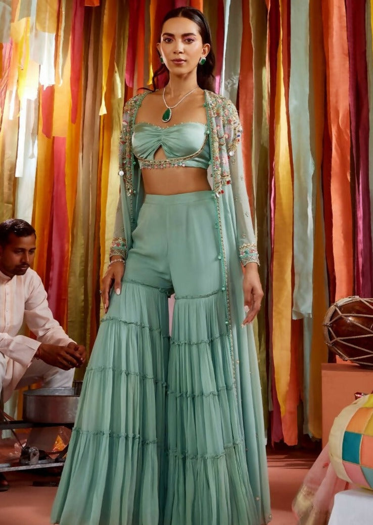 Mint Green Cape and Sharara Set with Cut-Out Bustier