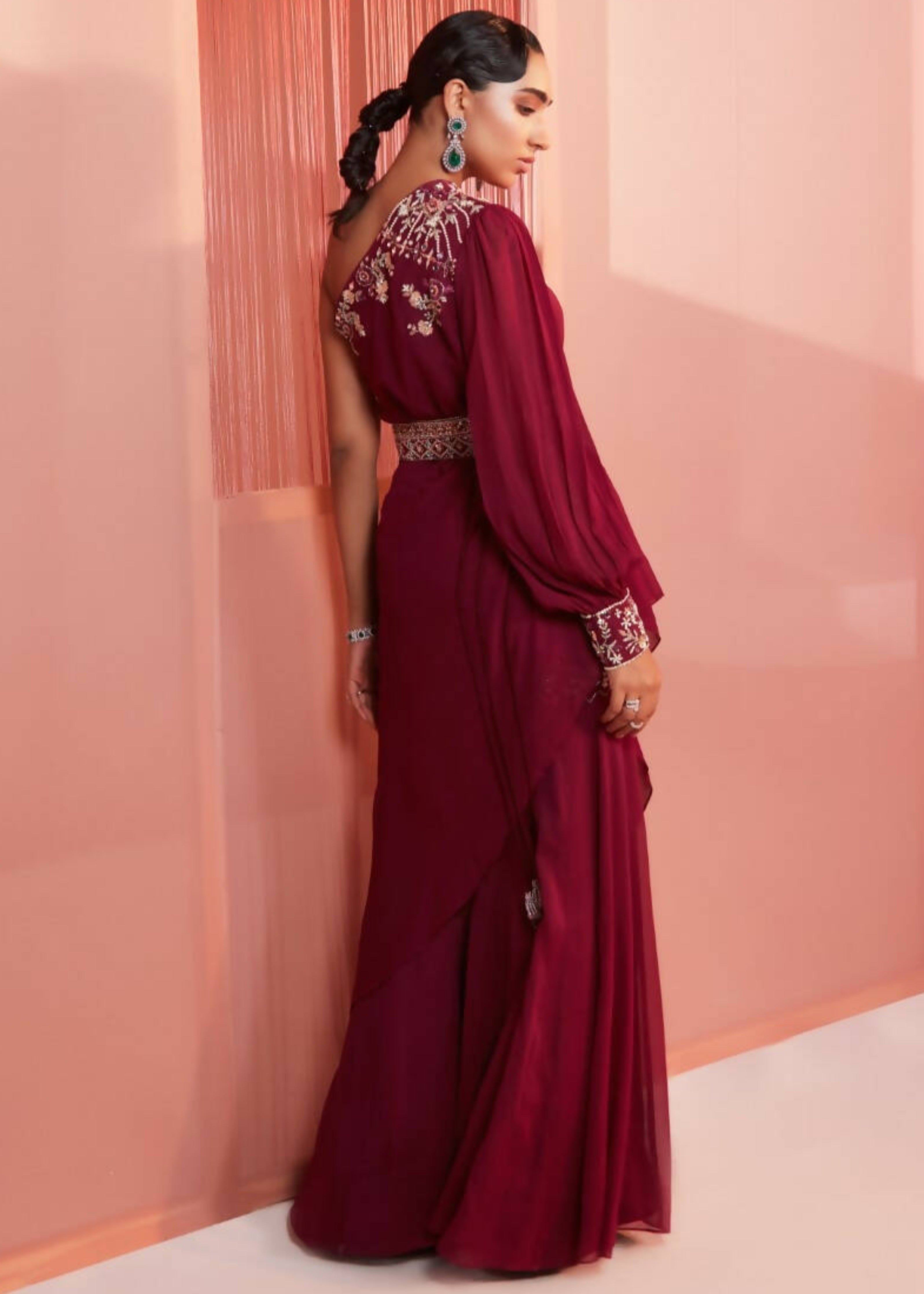 Plum One Shoulder Cape and Sharara