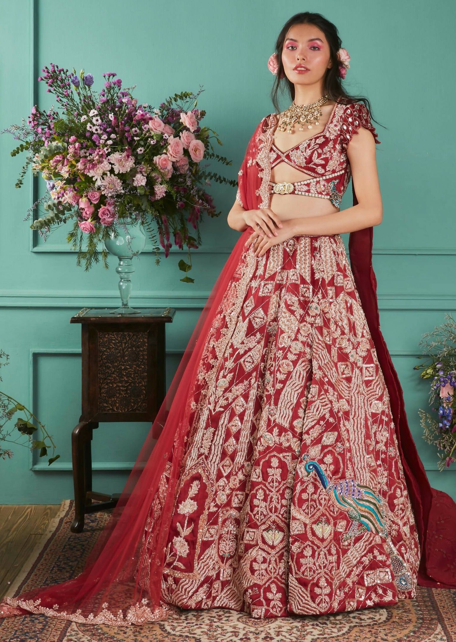 Red Zardosi and Sequin Work Lehenga Set