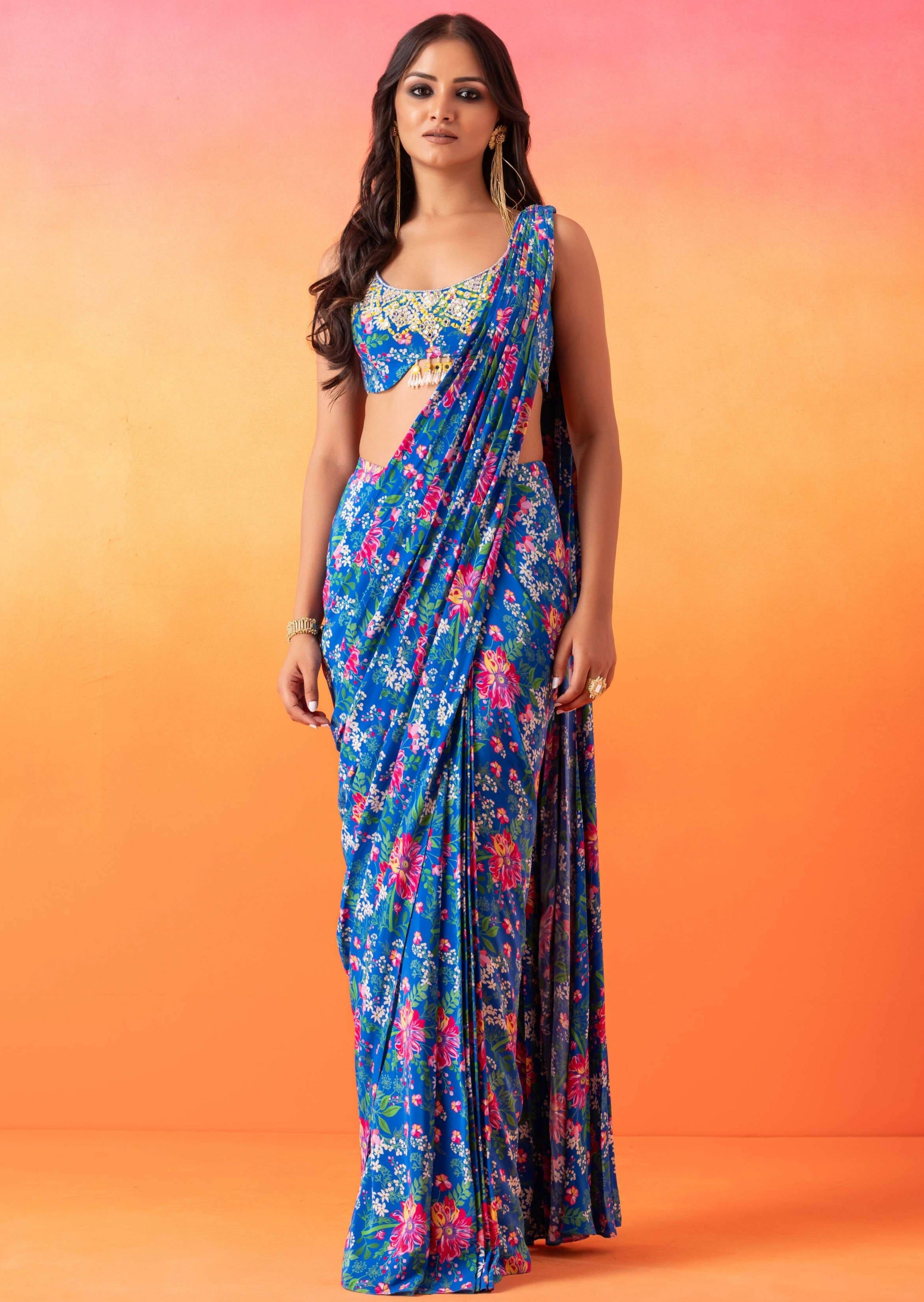 Electric Blue Floral Printed Sari with Blouse