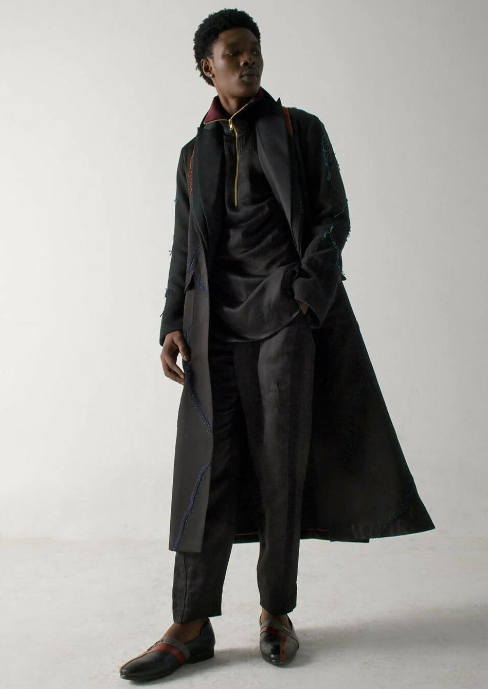 Black Long Overcoat with Loose Weave Sleeves