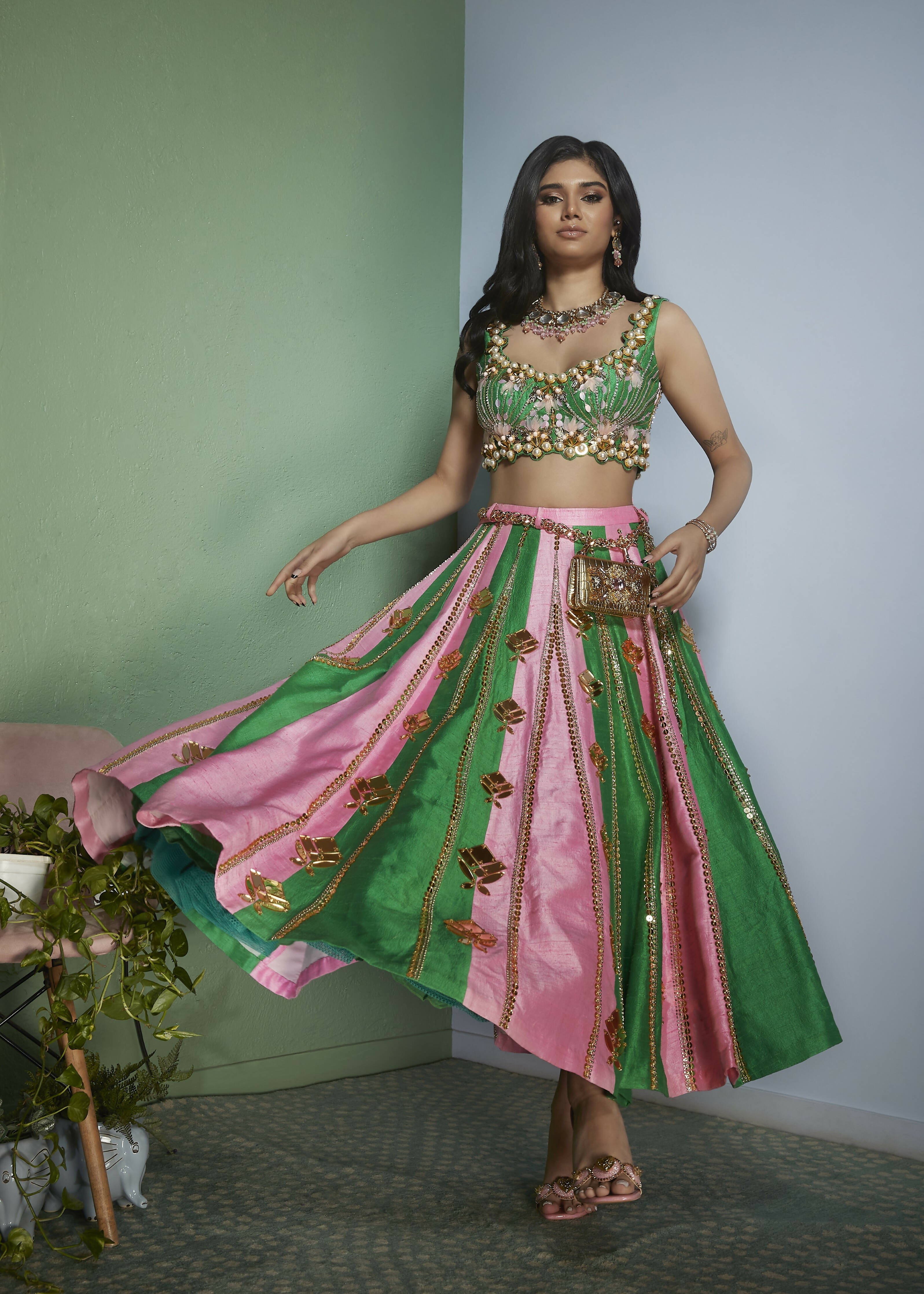 Pink Emerald: Pink and Green Stripe Half Lehenga Set