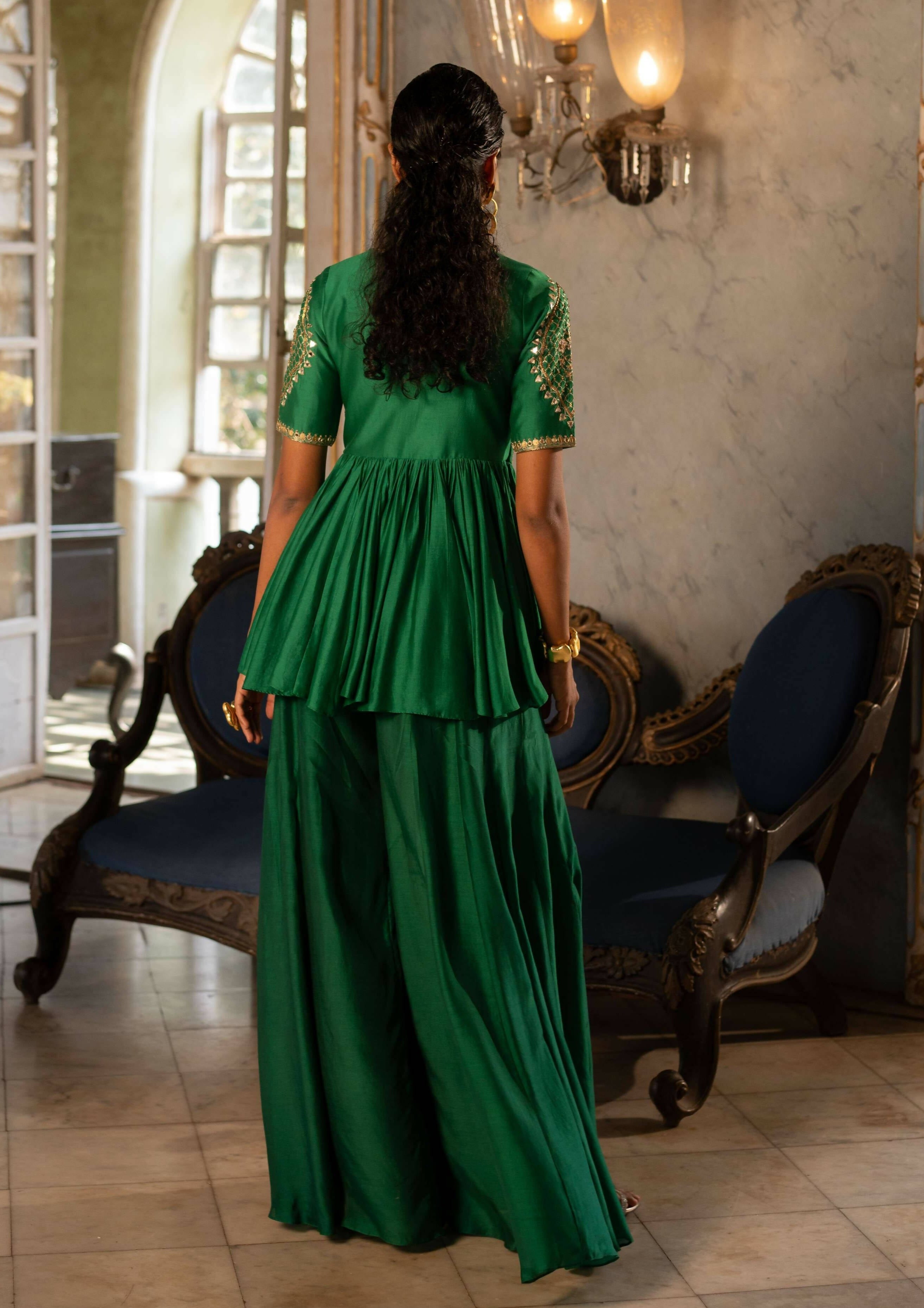 Emerald Green Chiniya Silk Peplum Set - Green / XL Emerald Green Chiniya Silk Peplum Set - Green / XL