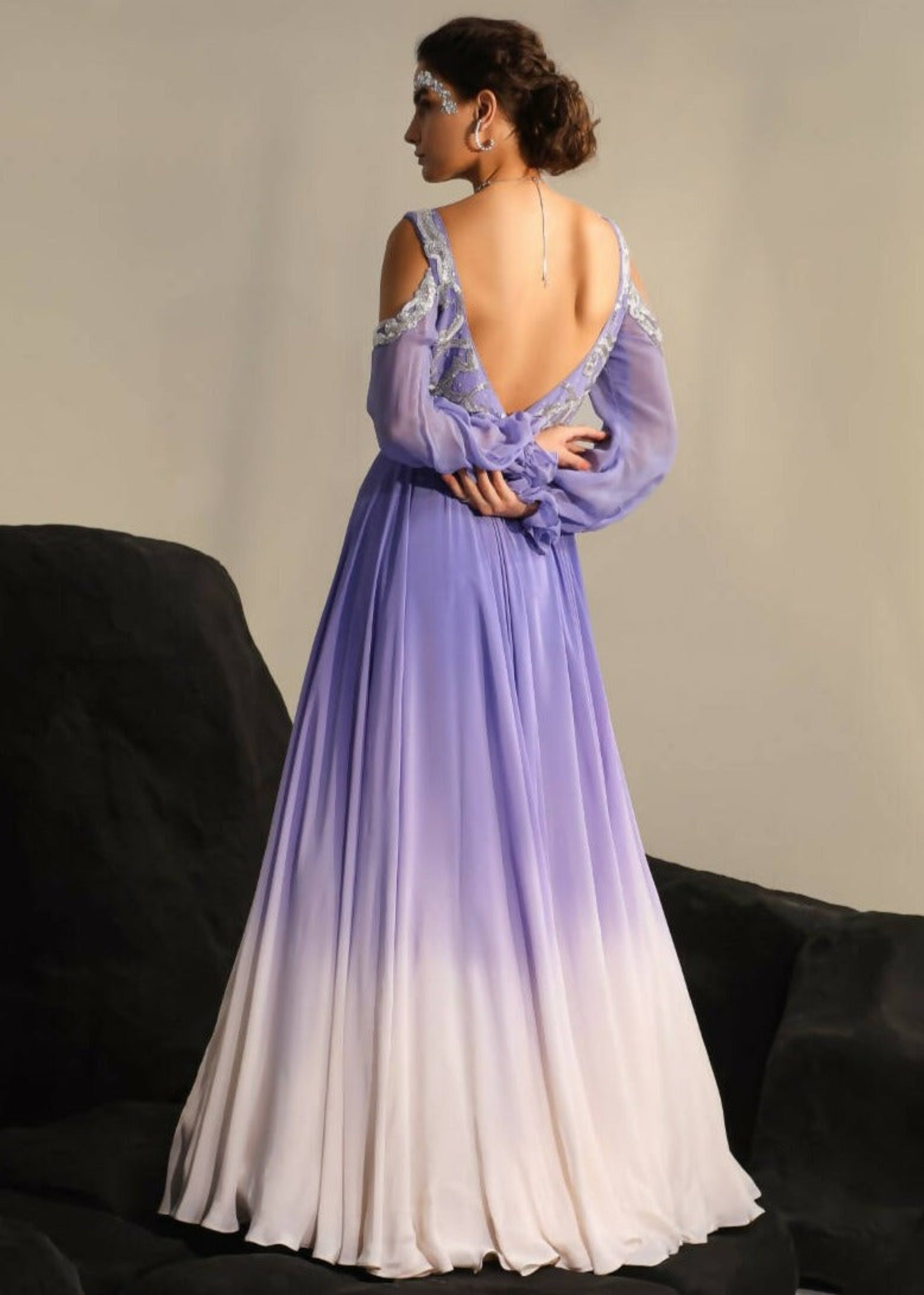 Jade by Ashima Purple Crepe Attina Ombre Effect Gown Purple M