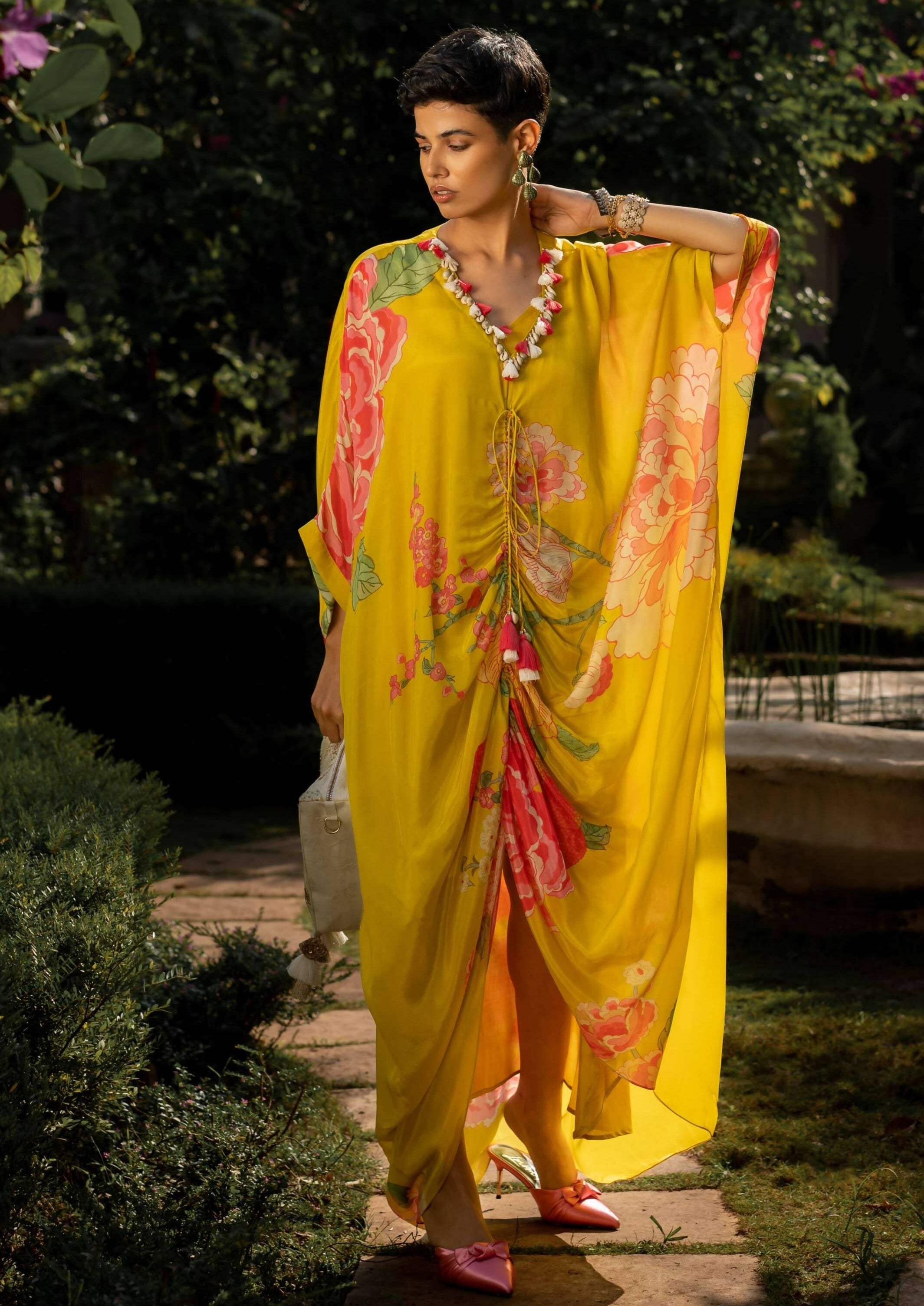 Yellow Floral Kaftan Set