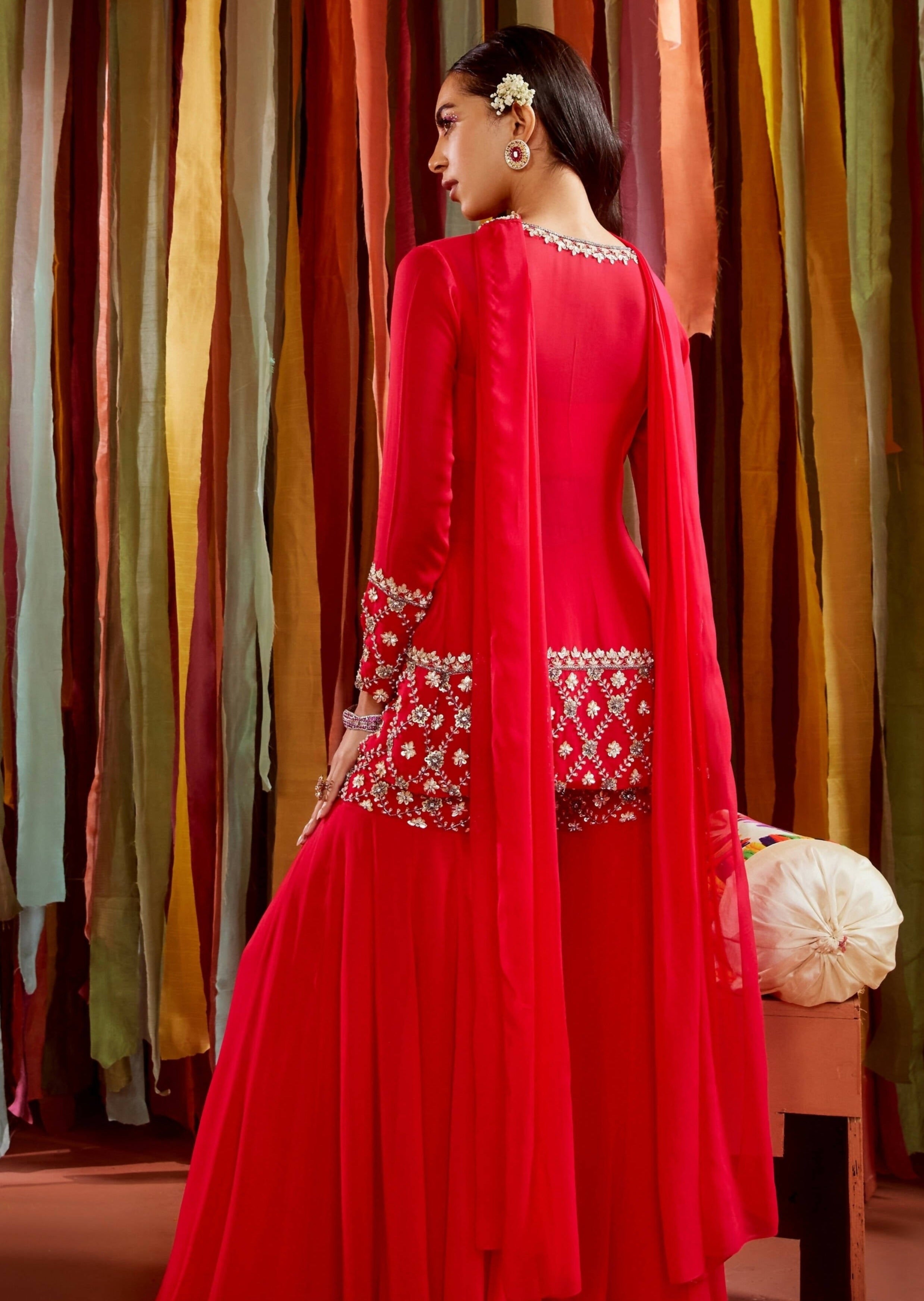 Red Short Jacket and Sharara Set