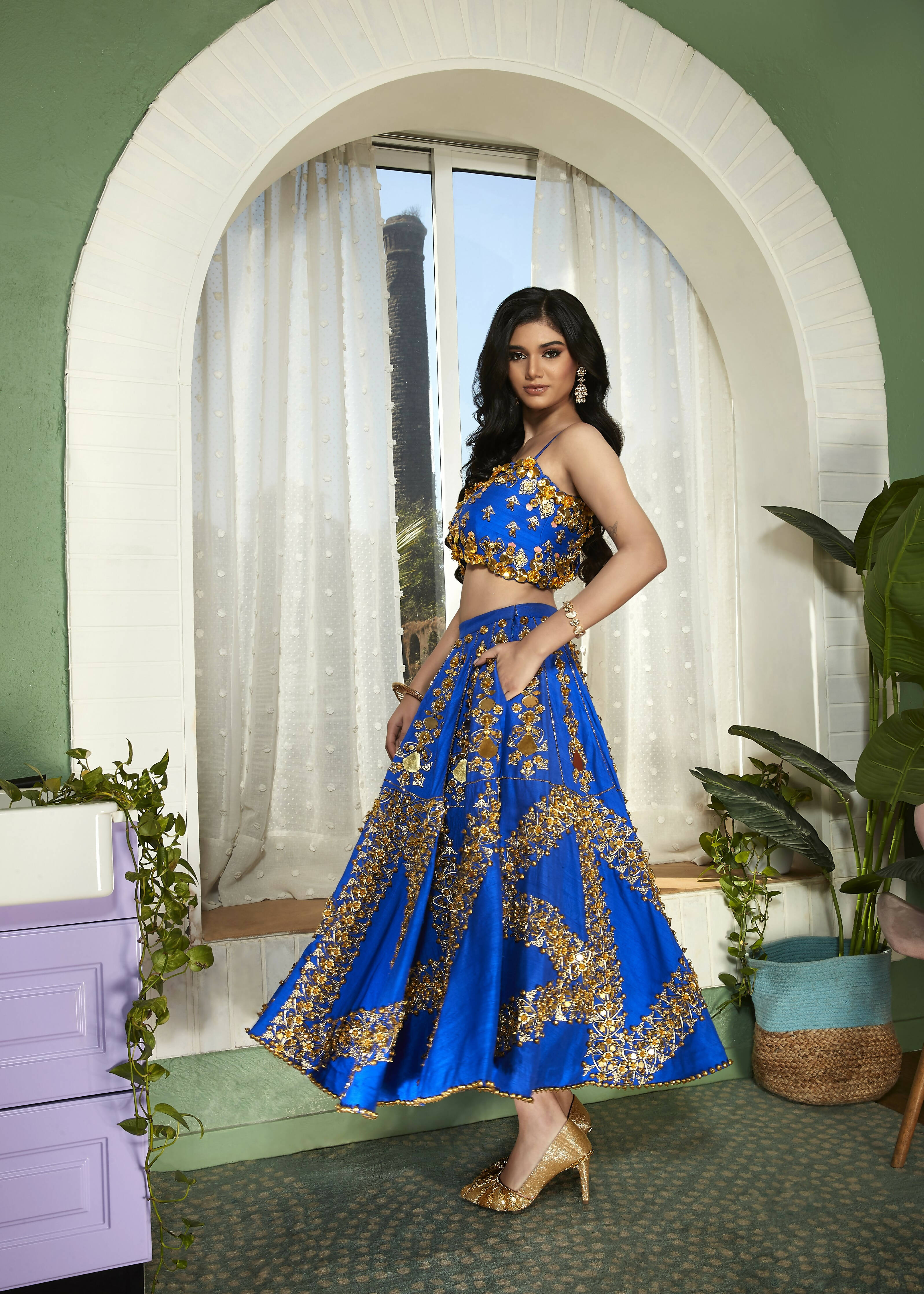 Night Bling: Electric Blue Embellished Half Lehenga