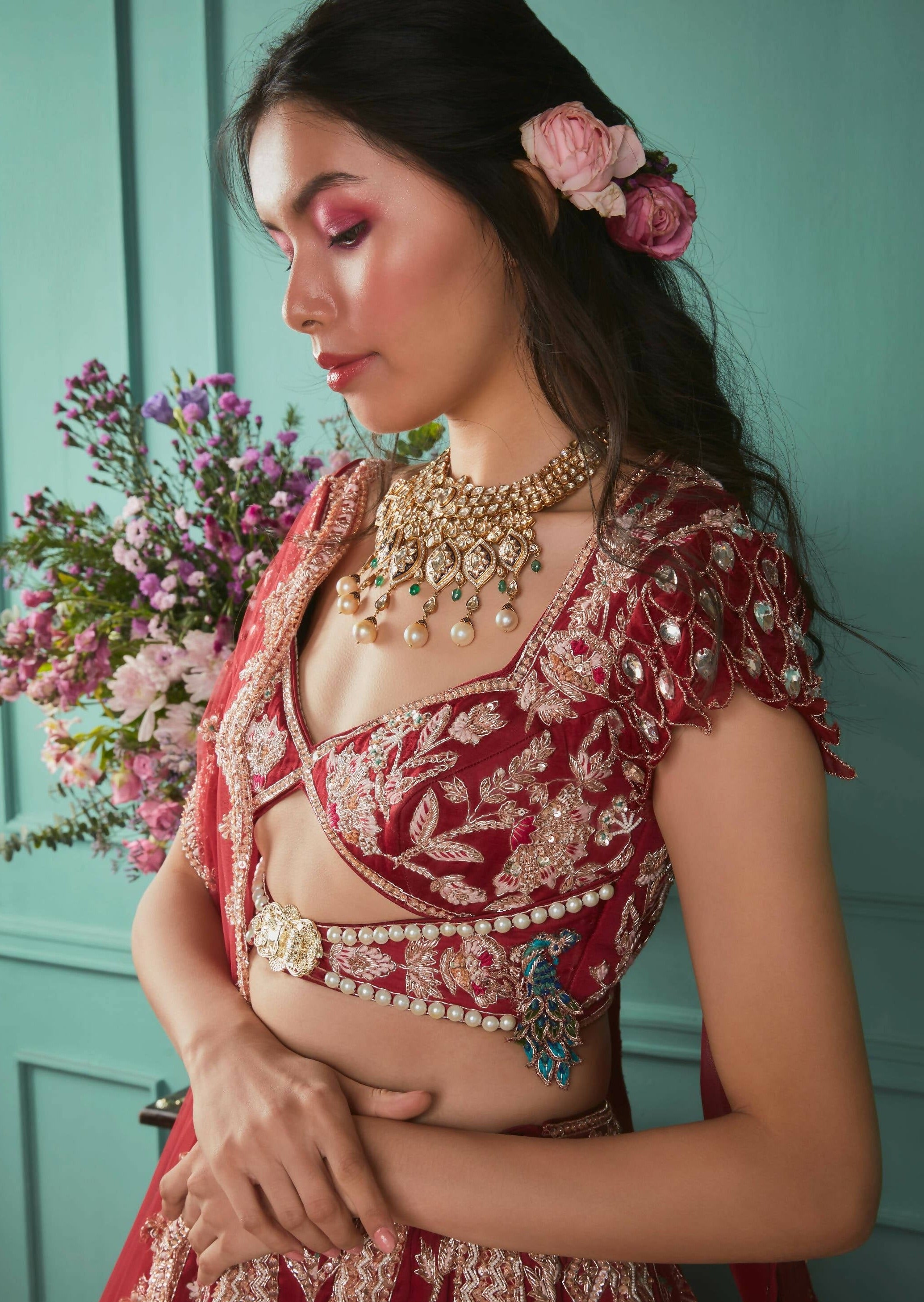 Red Zardosi and Sequin Work Lehenga Set