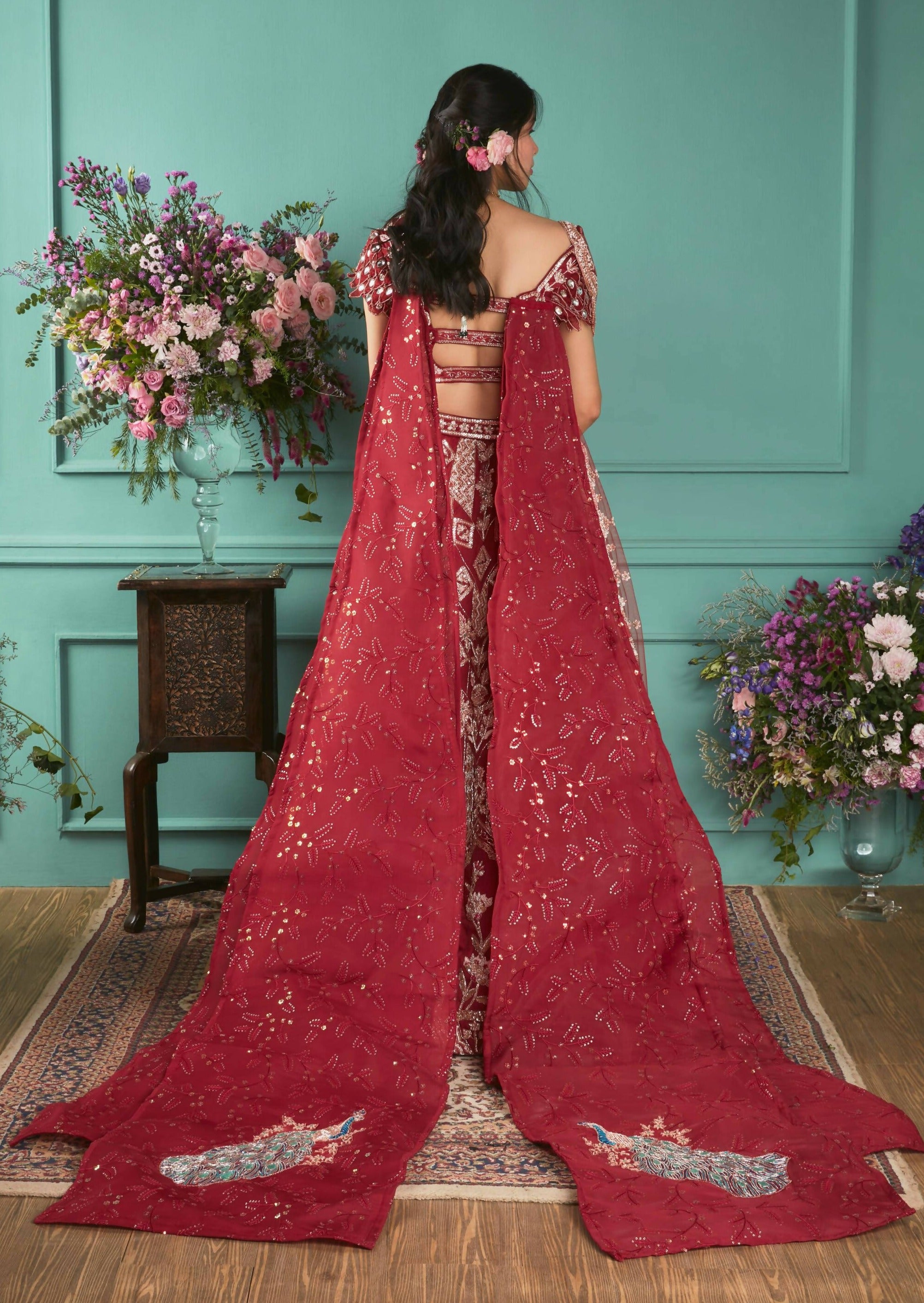 Red Zardosi and Sequin Work Lehenga Set