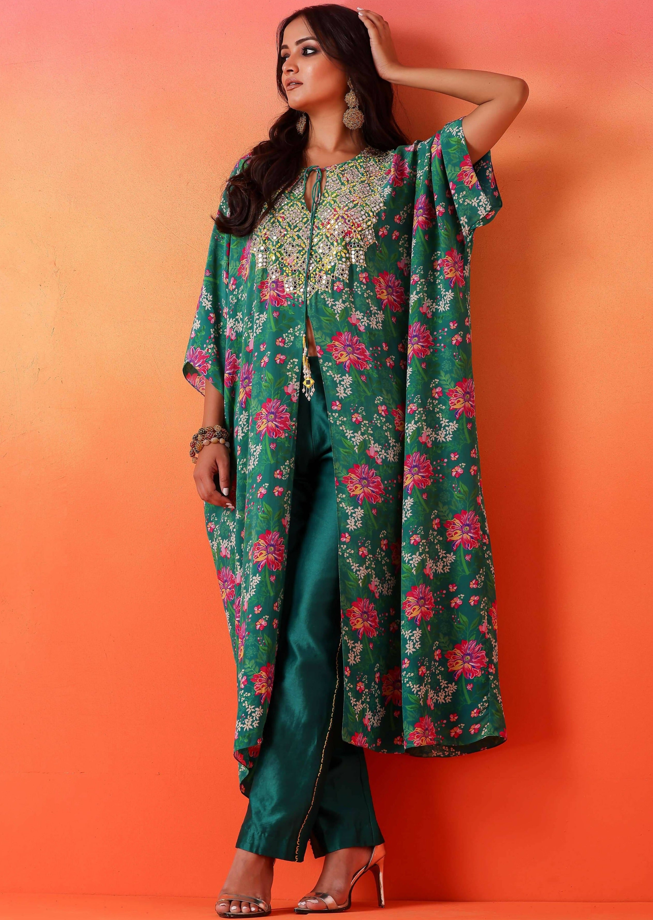 Emerald Green Floral Printed Kaftan with Pants