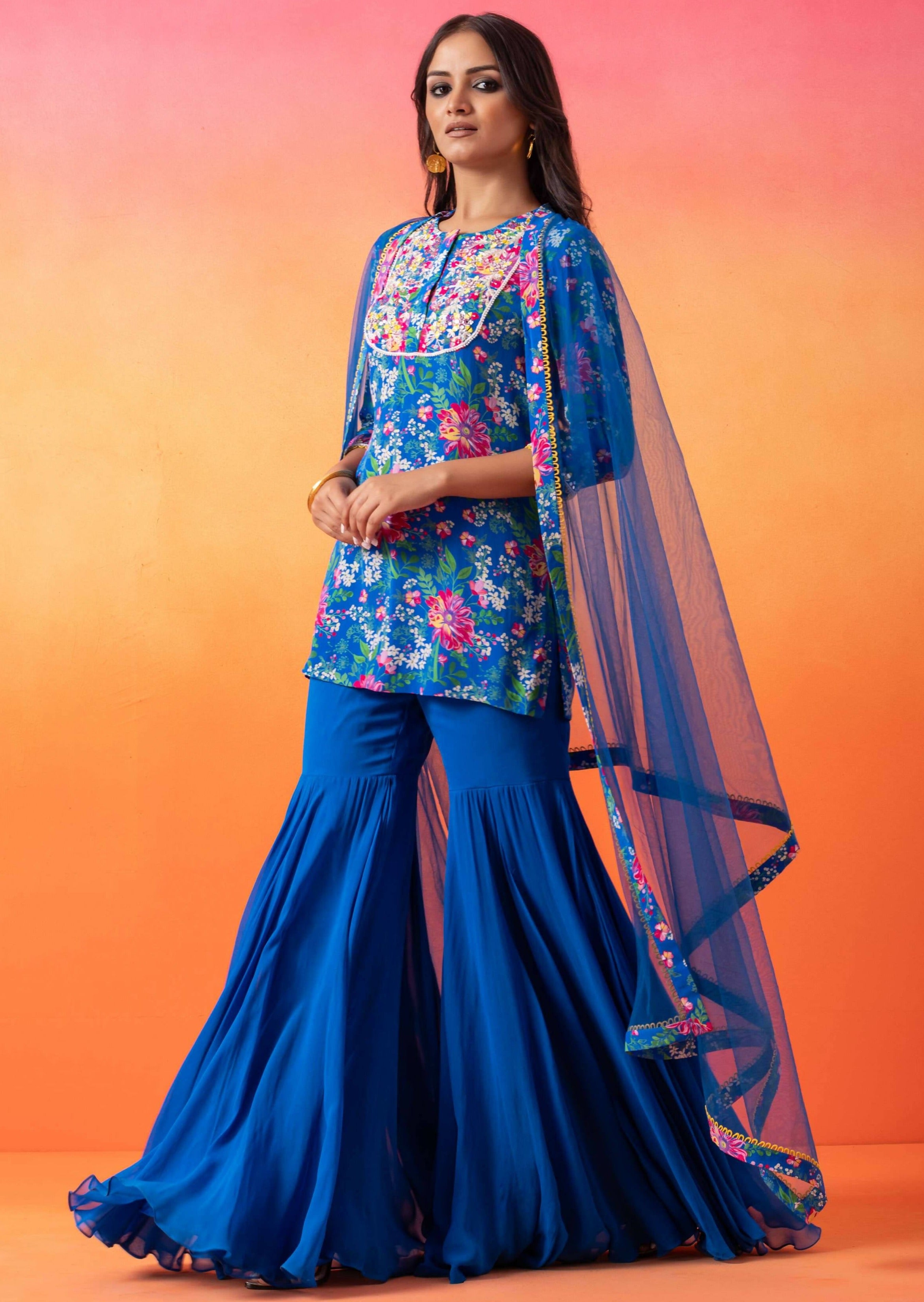 Electric Blue Floral Gharara Set