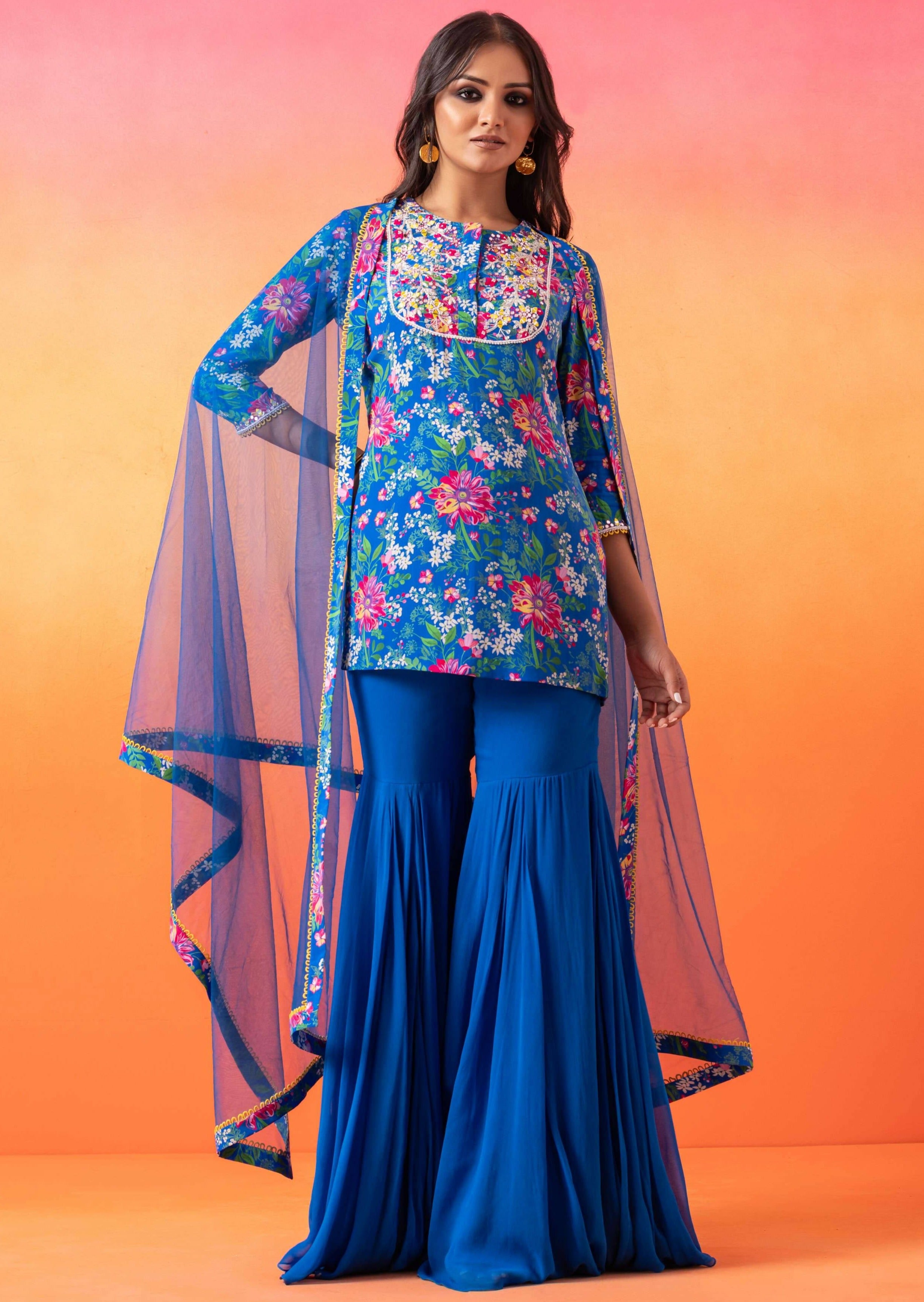 Electric Blue Floral Gharara Set