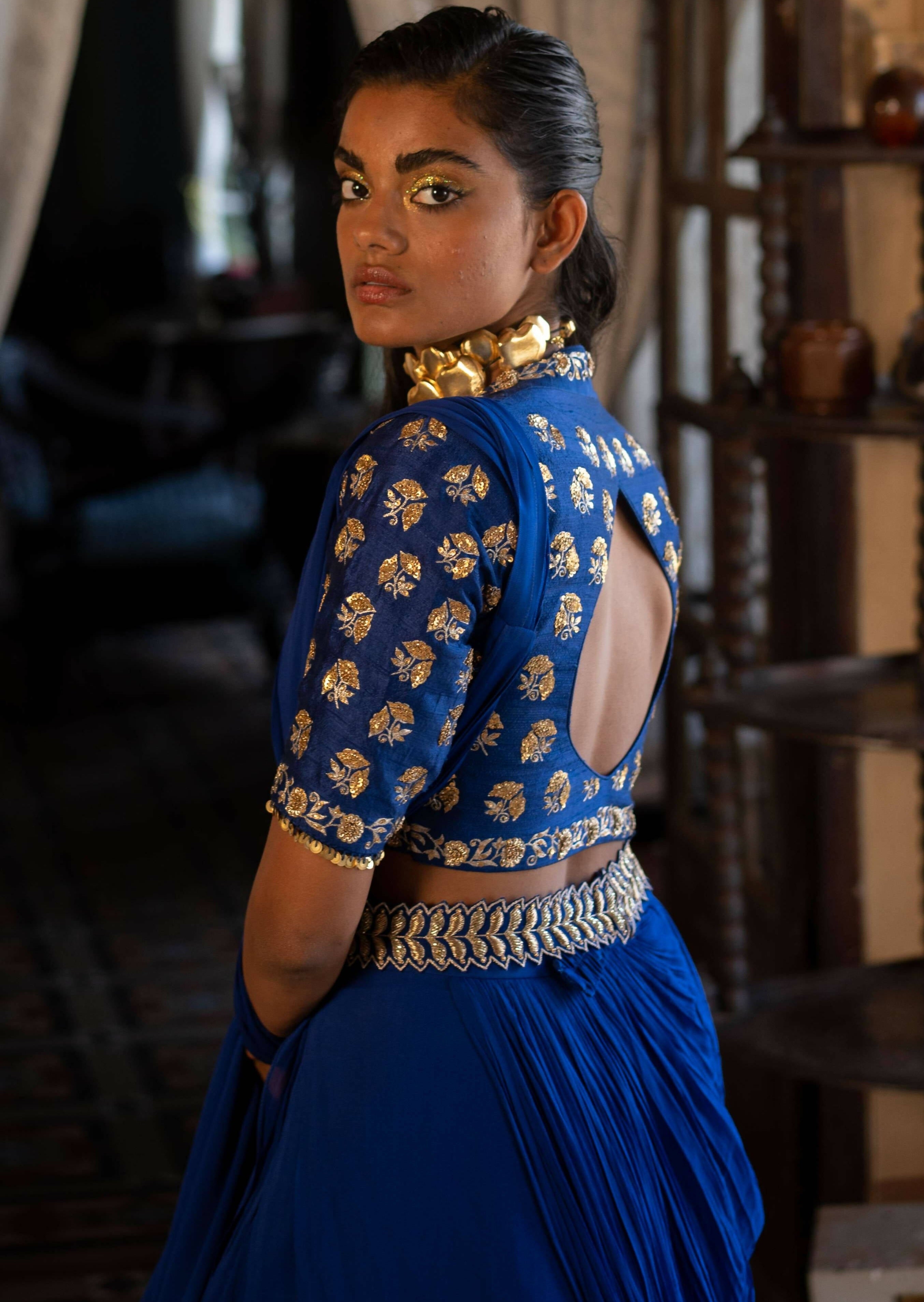 Electric Blue Hand Embroidered & Printed Lehenga Set Design by Payal Zinal  at Pernia's Pop Up Shop 2024