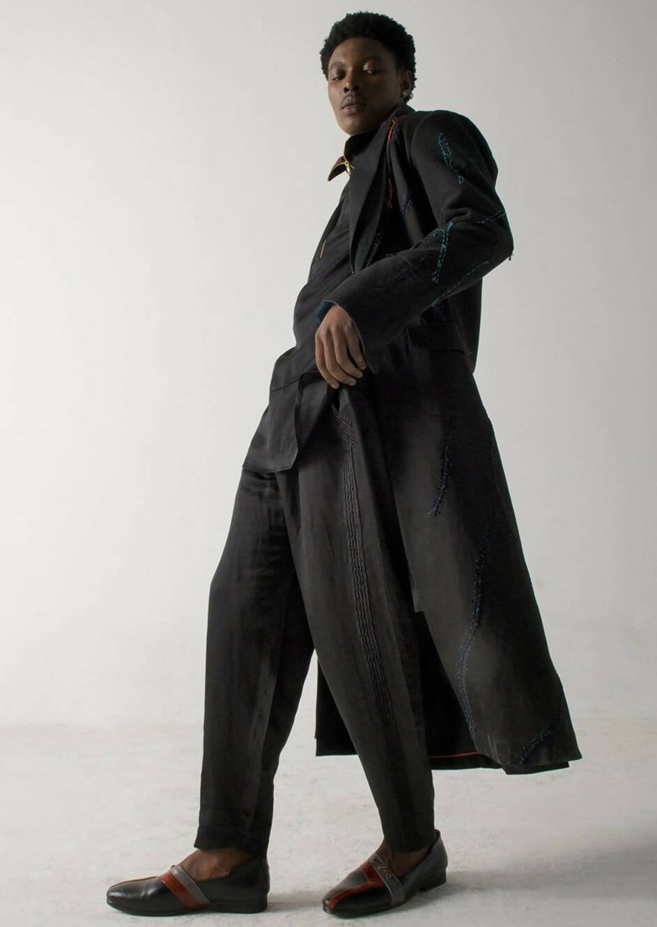 Black Long Overcoat with Loose Weave Sleeves