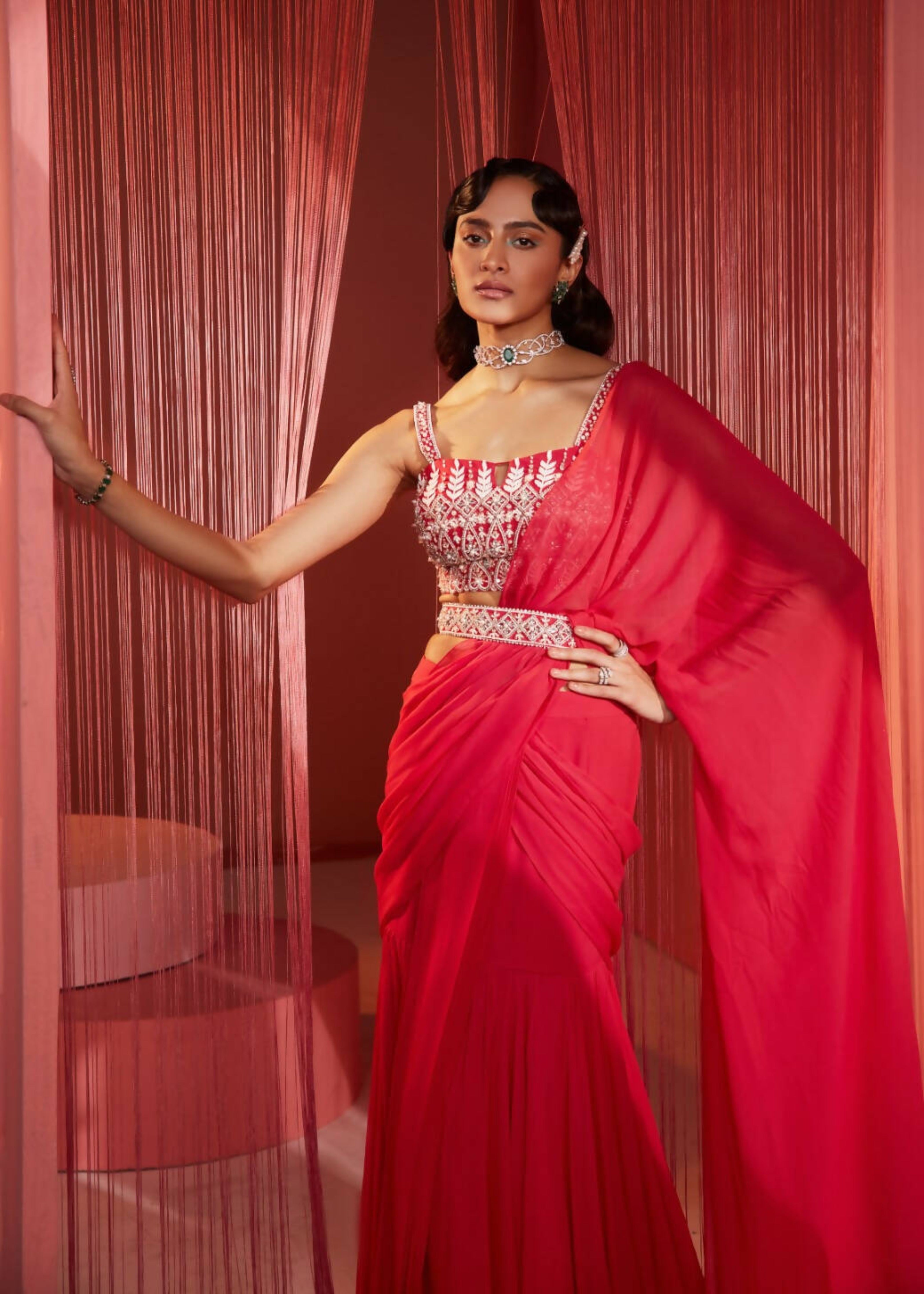 Coral Red Pre-Draped Sari