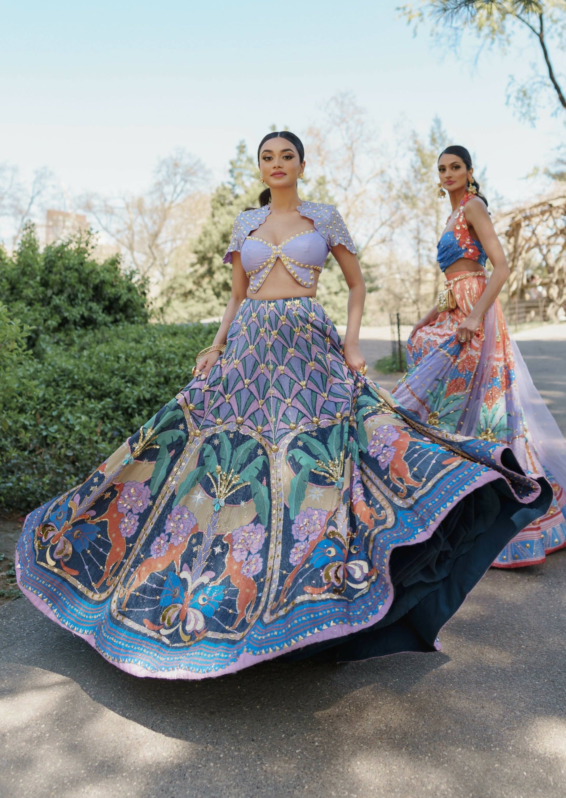 Lyons: Tropical Blue Printed and Embellished Full Lehenga