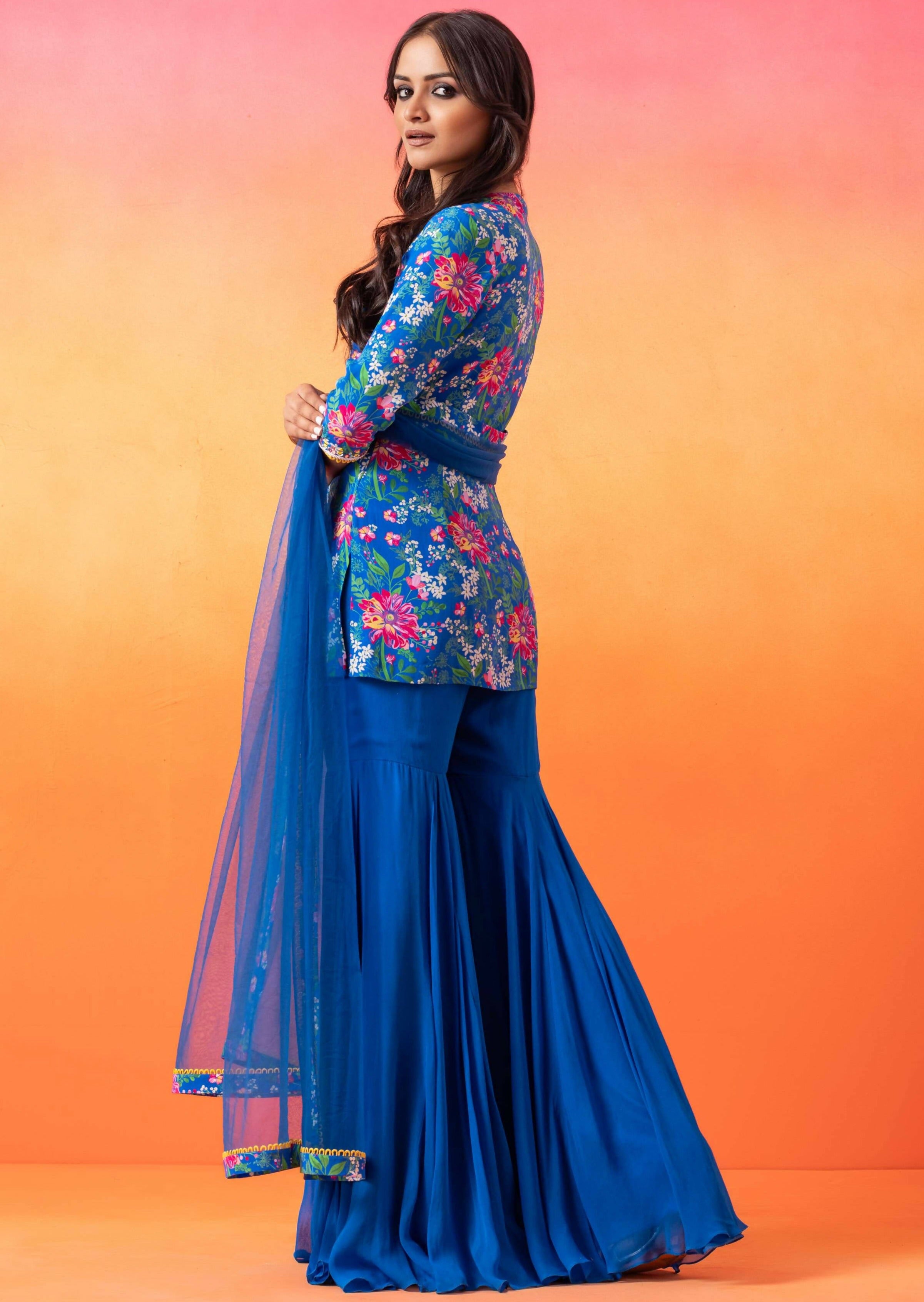 Electric Blue Floral Gharara Set