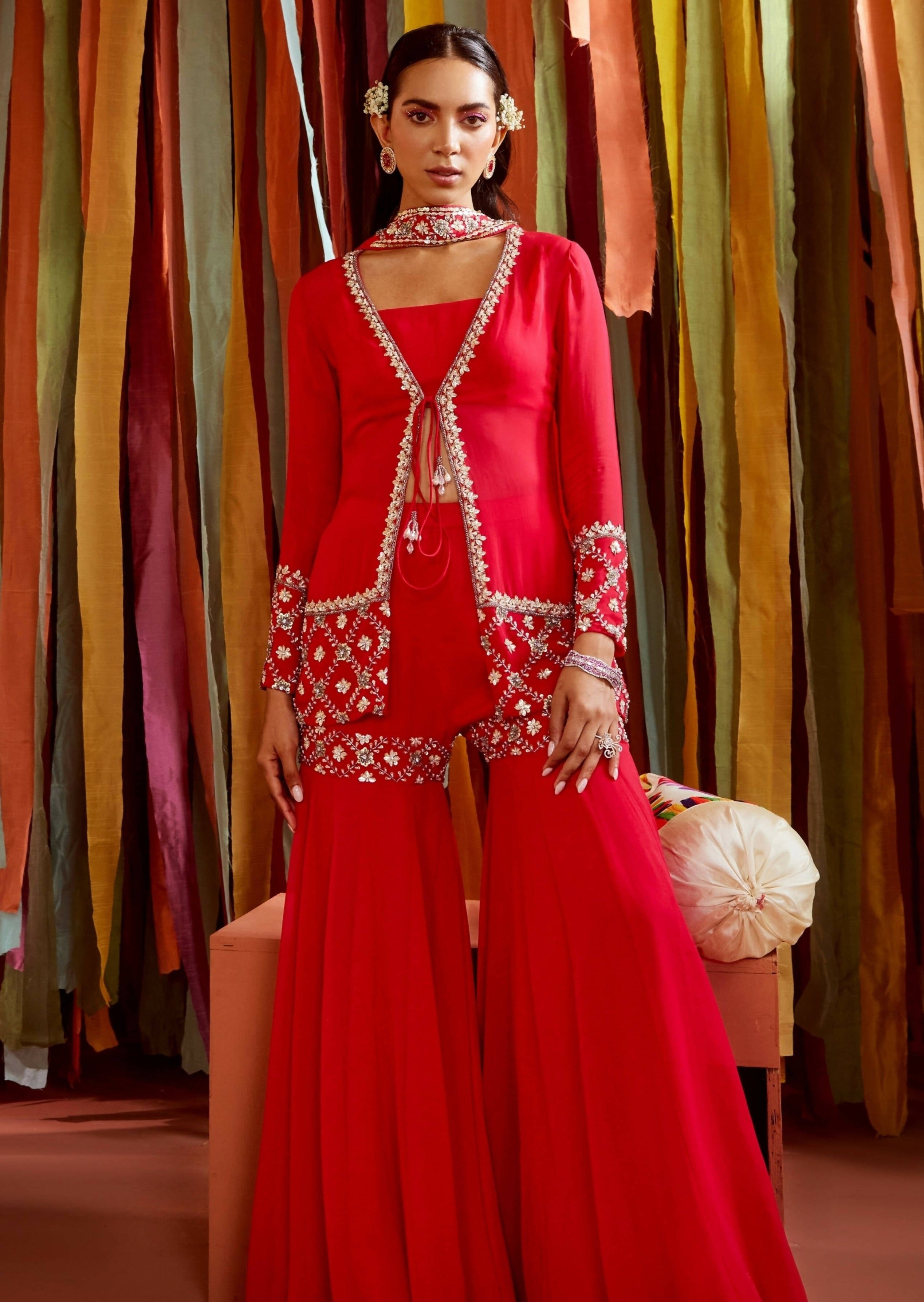 Red Short Jacket and Sharara Set