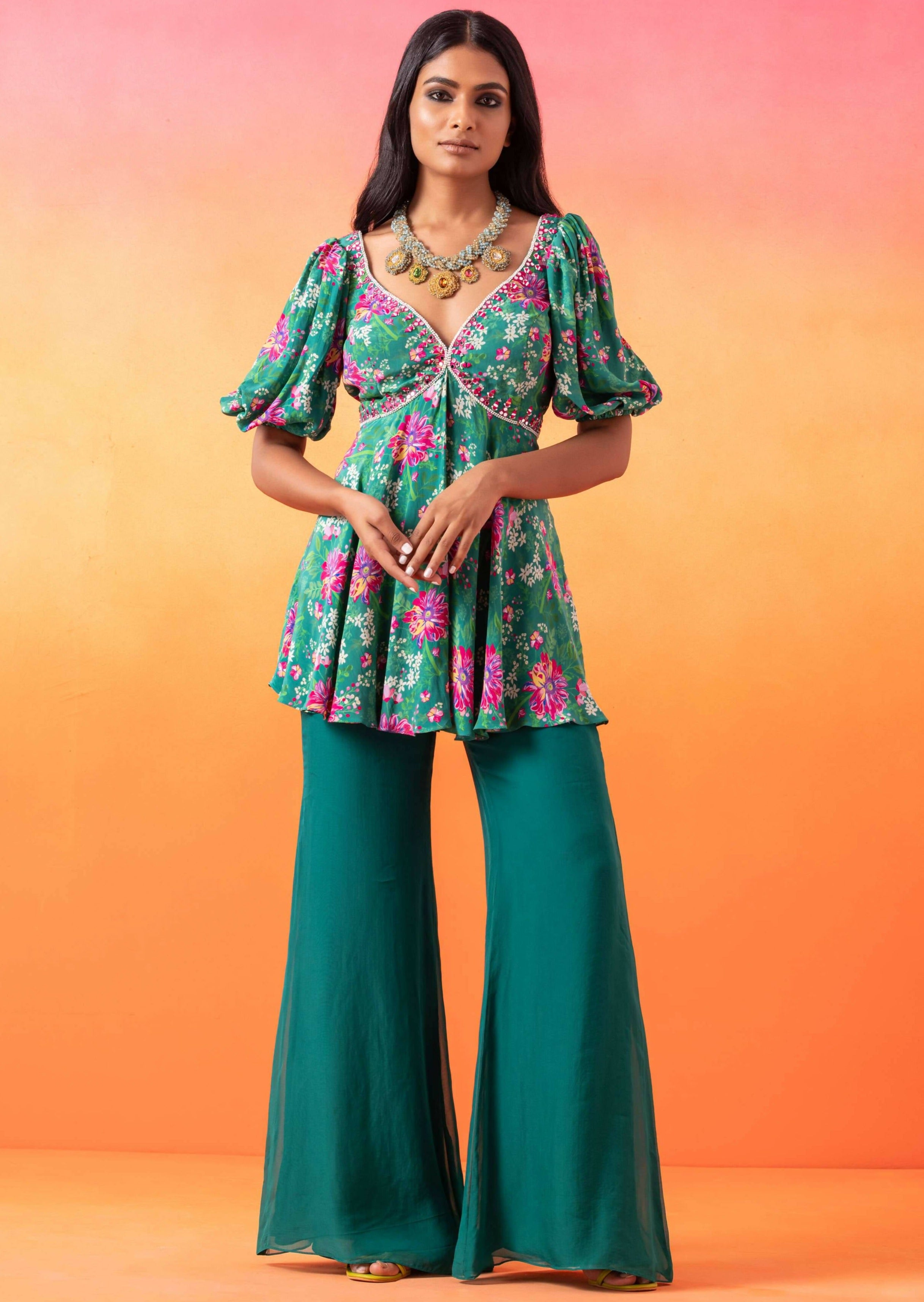 Emerald Green Floral Printed Flared Pants Set