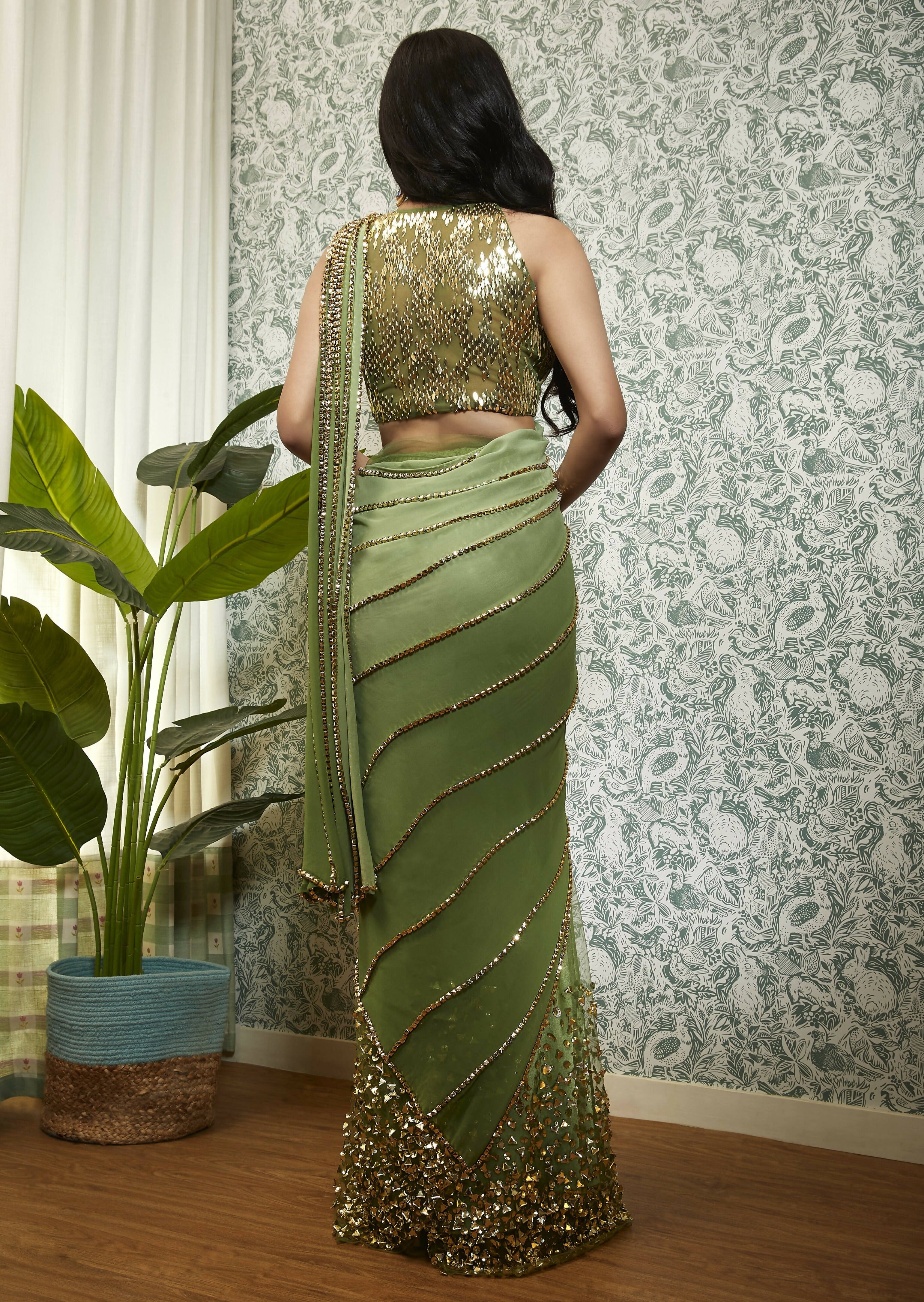 Perfect Times: Olive Shaded Embellished Sari Set