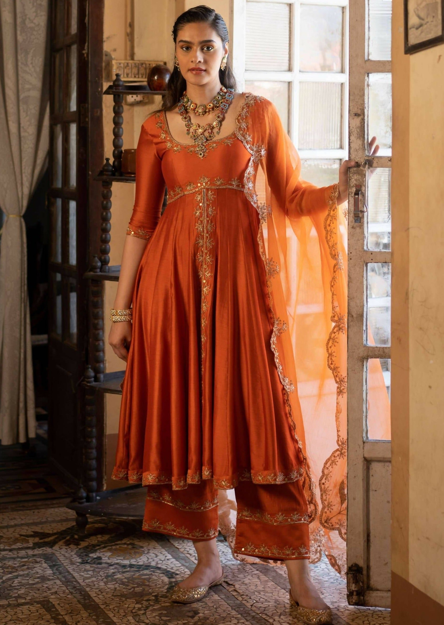 Burt Orange Anarkali Set